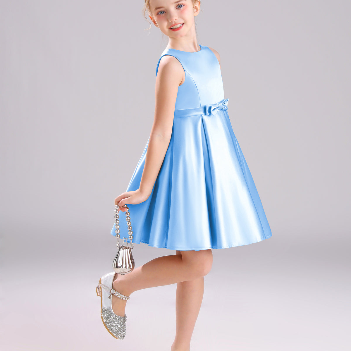 Cute A-Line Satin Short Flower Girl Dress with Bow Belt, Blue Cute A-Line Satin Short Flower Girl Dress with Bow Belt, Blue