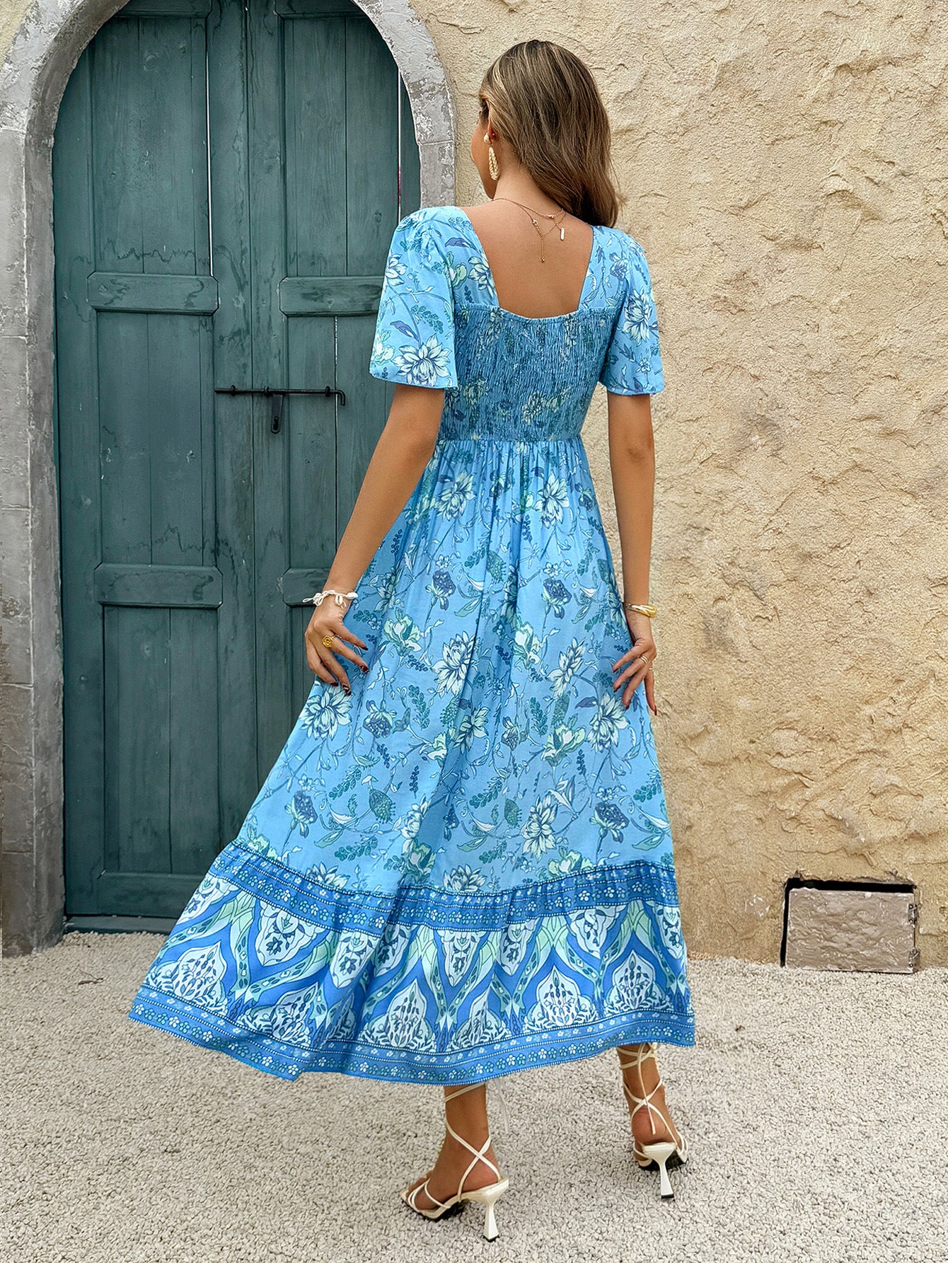 Square Neck Floral Printed Blue Ankle Length Wedding Guest Dress