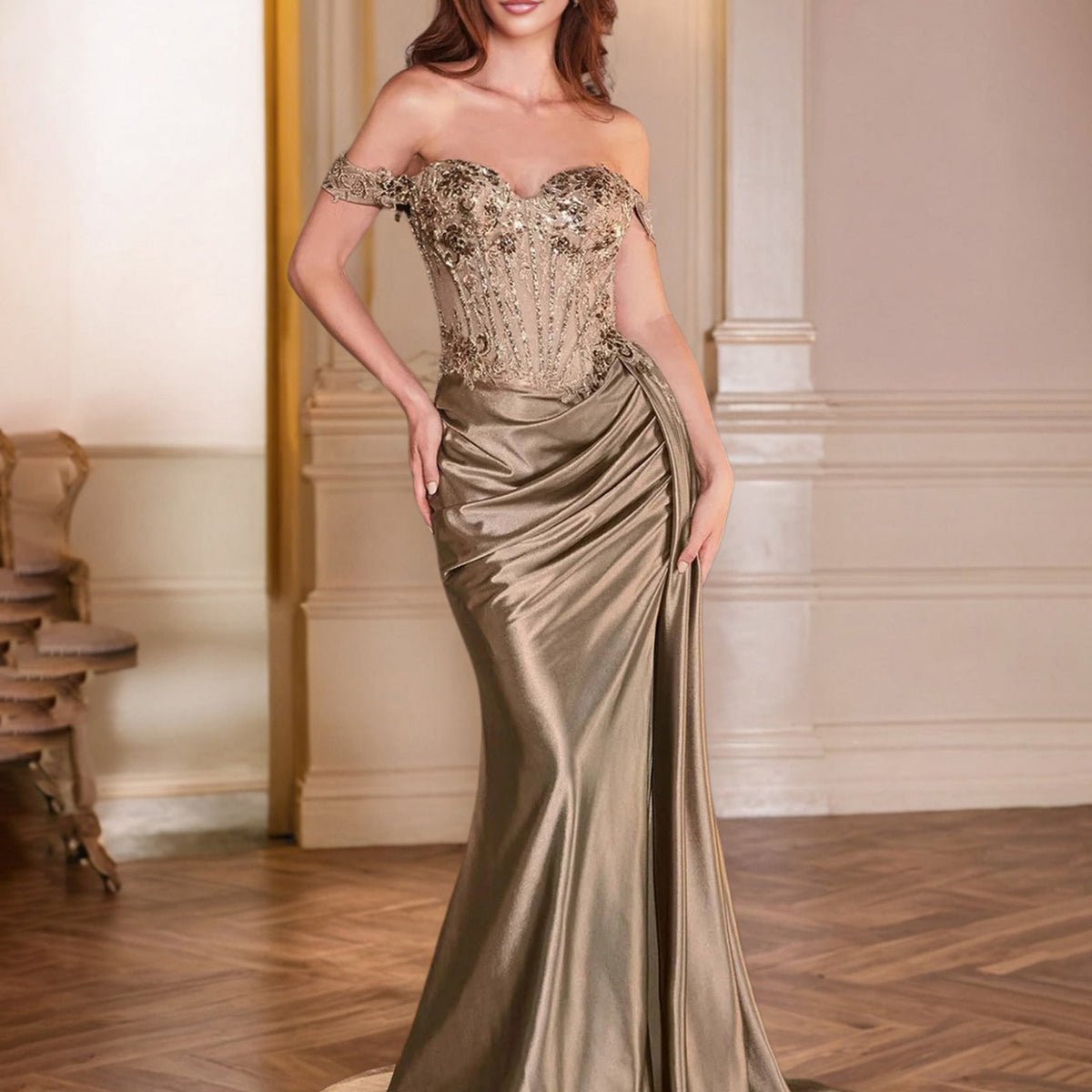 Mocha Formal Dress Off The Shoulder Sweetheart Sequins Appliqued Trumpet/Mermaid Formal Dress With Slit