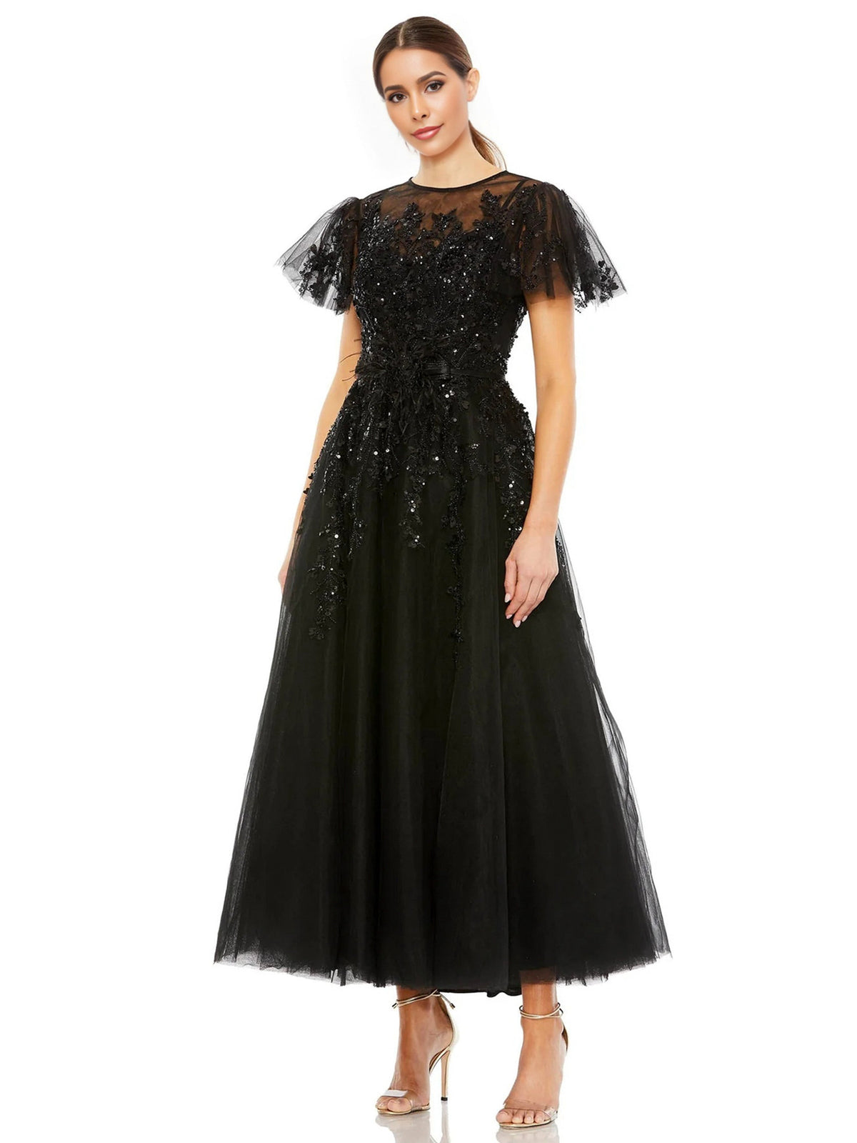 Black Evening Dresses A Line Short Sleeves Sparkly Lace Appliques Tull