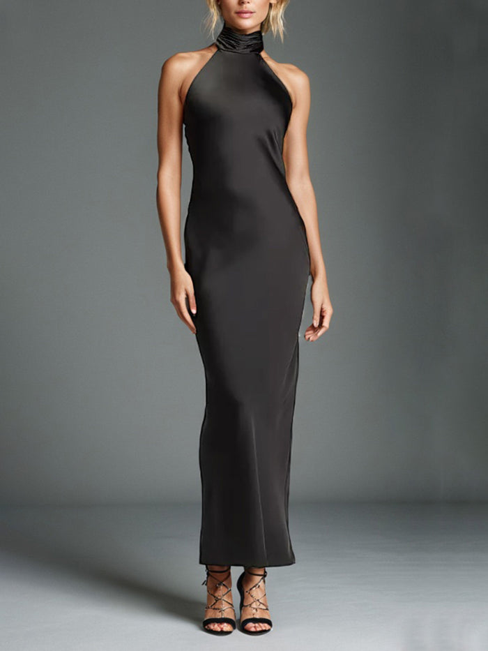 Black Backless Prom Dress Halter Sheath/Column Open Back Ankle Length