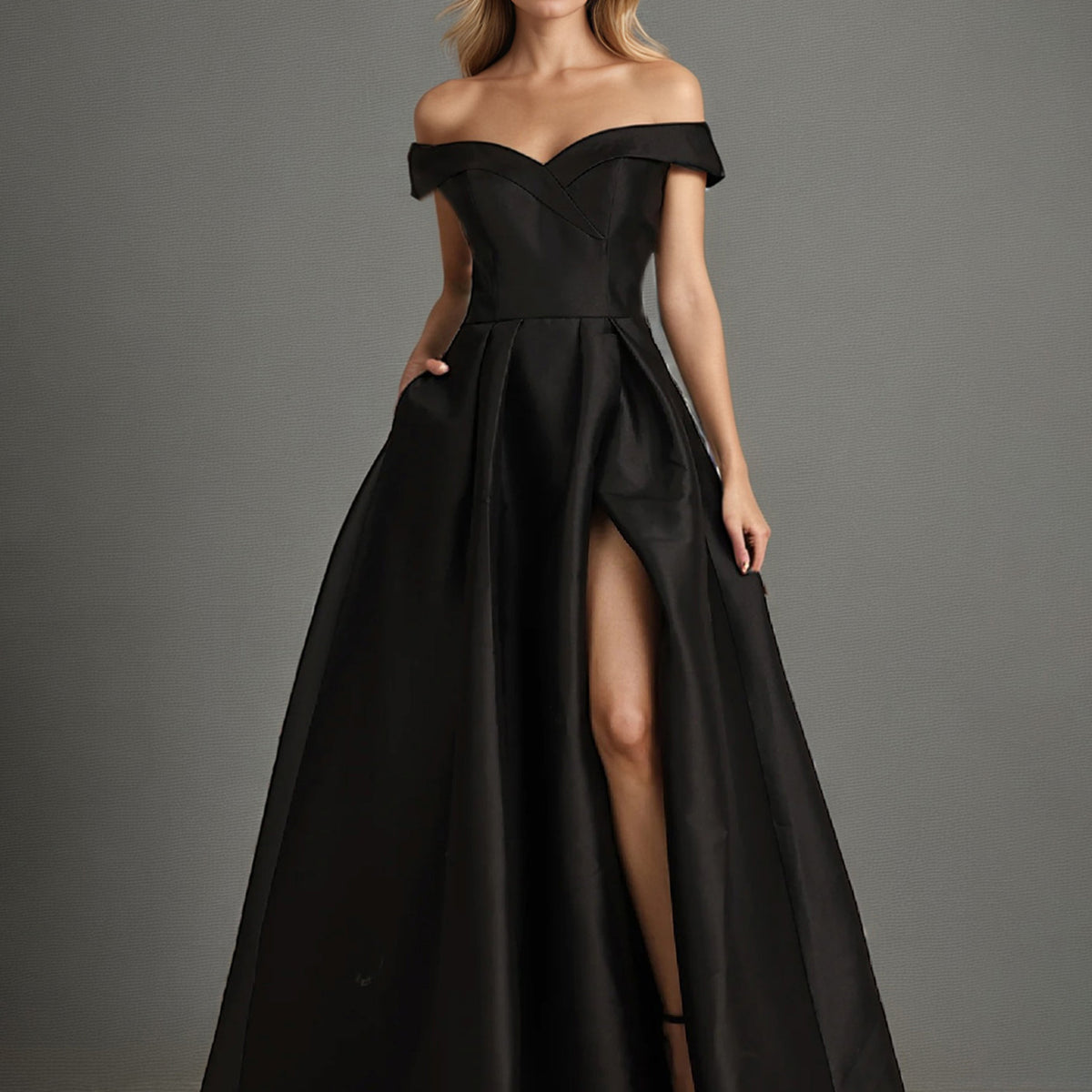 Black Long Formal Dresses Elegant A Line Off The Shoulder Long Satin Formal Dress With Slit
