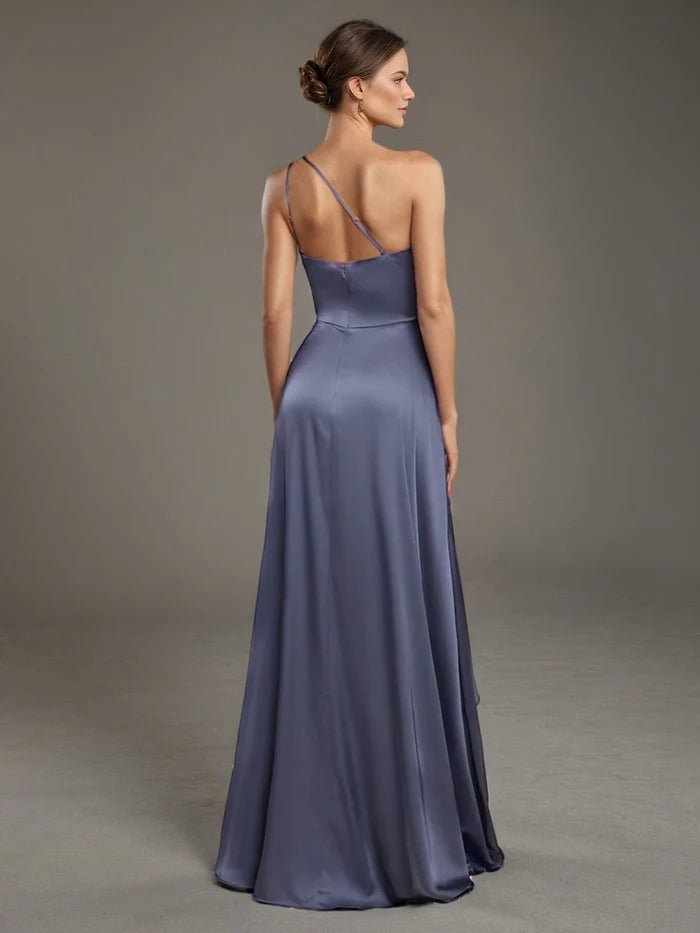 Ink Blue Formal Dresses Elegant One Shoulder Sleeveless A Line Ruffles Maxi Formal Dress With Slit