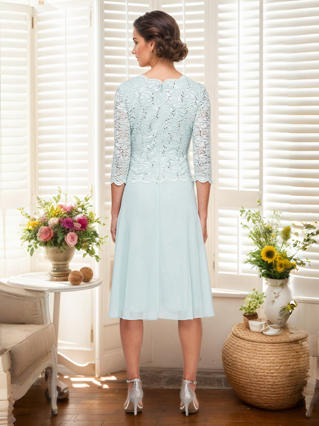 Mist Mother Of The Bride Dress A-Line Lace Top 3/4 Length Sleeves Chif