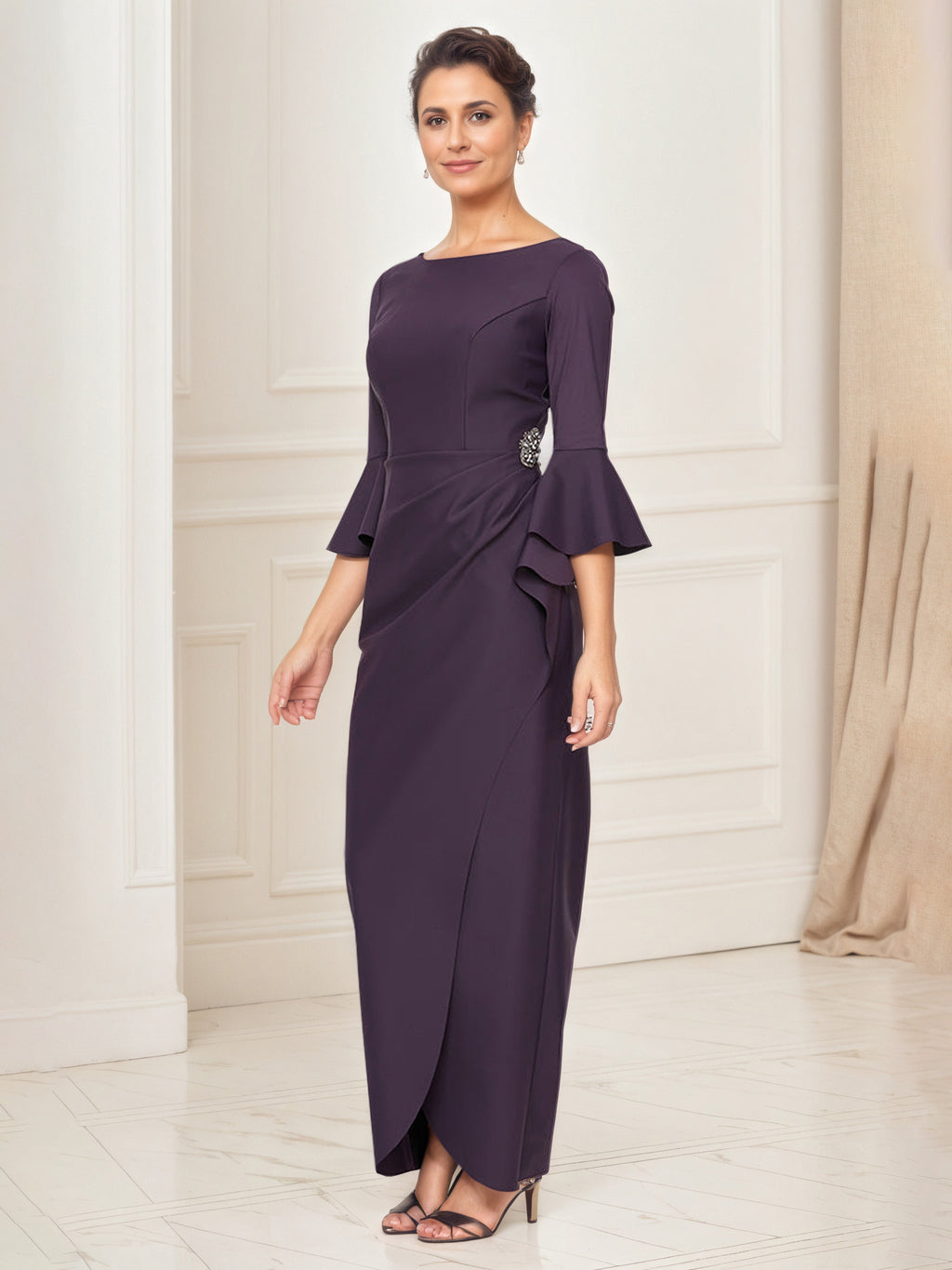 fitted lace wedding dress Aubergine Mother Of The Bride Dress Long Sheath Bell Sleeves Ruffles E