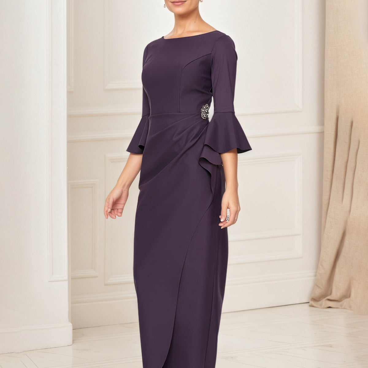 【Bellialeu】Overlock dress Aubergine Mother Of The Bride Dress Long Sheath Bell Sleeves