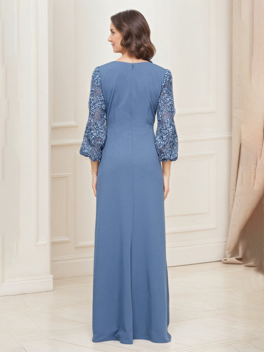 Slate Blue V-Neck Lace Illusion Sleeves Mother Of The Bride Dress With