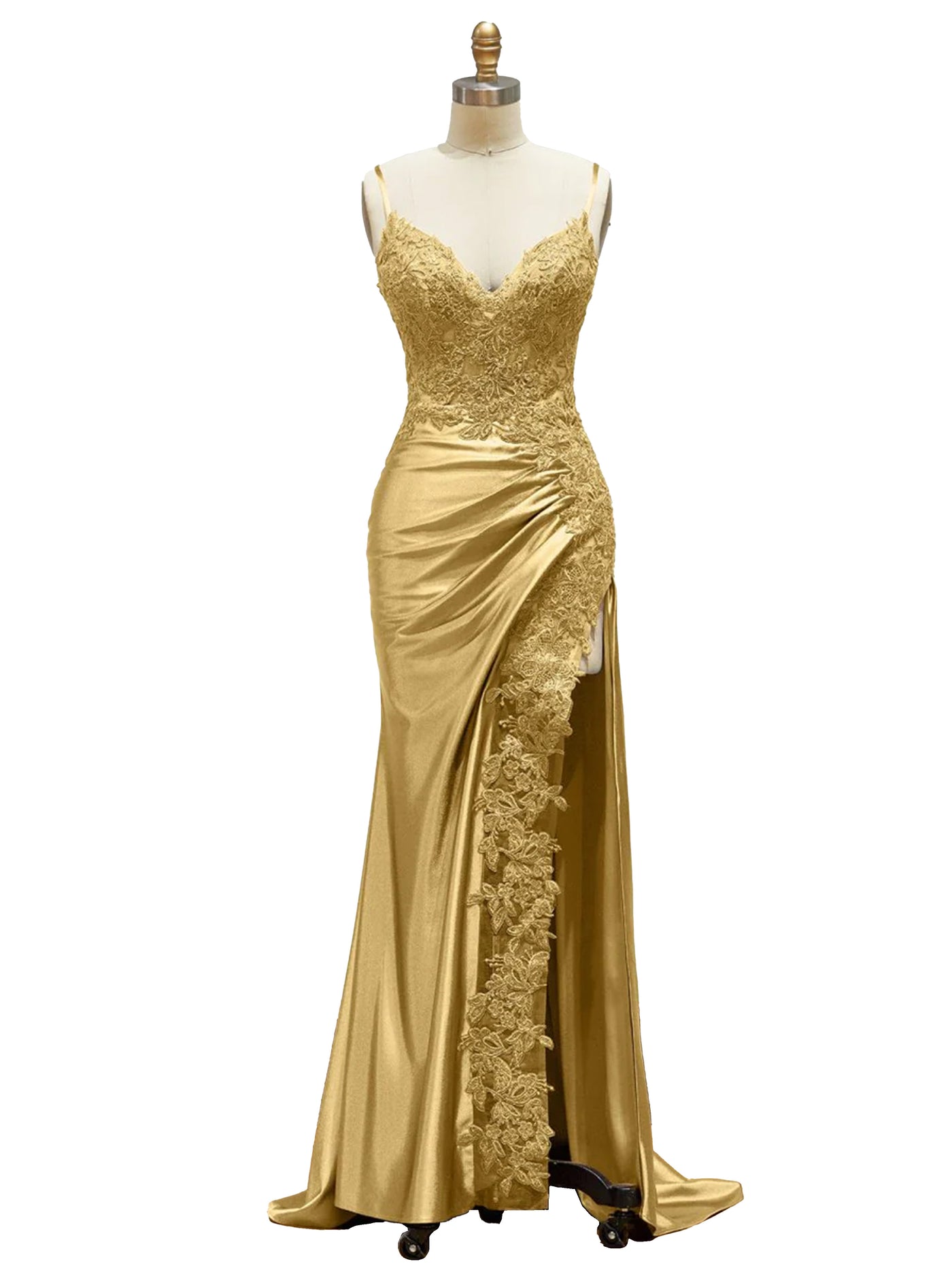 Classy Gold Lace Appliques Long Strapless Prom Dress with Side Slit main image 1