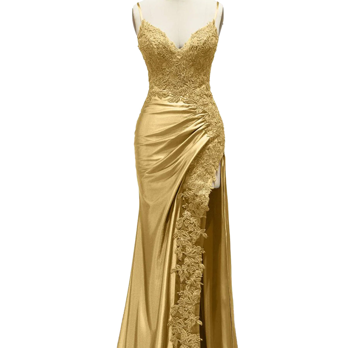 Gold Formal Dresses Spaghetti Straps Lace Bodice Long Formal Dress with Slit
