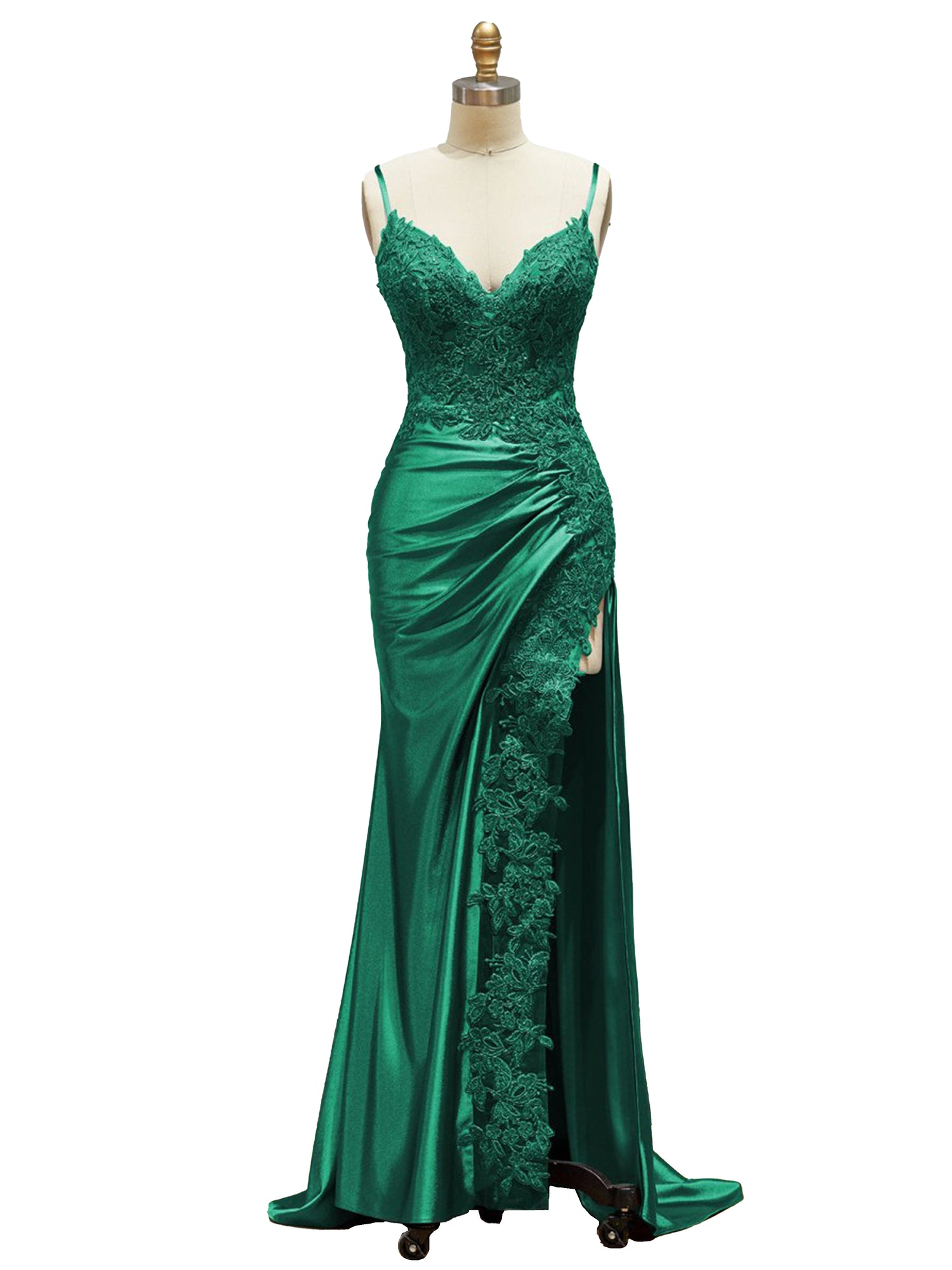 Long Dark Green Prom Dresses Spaghetti Straps Lace Bodice Long Prom Dr