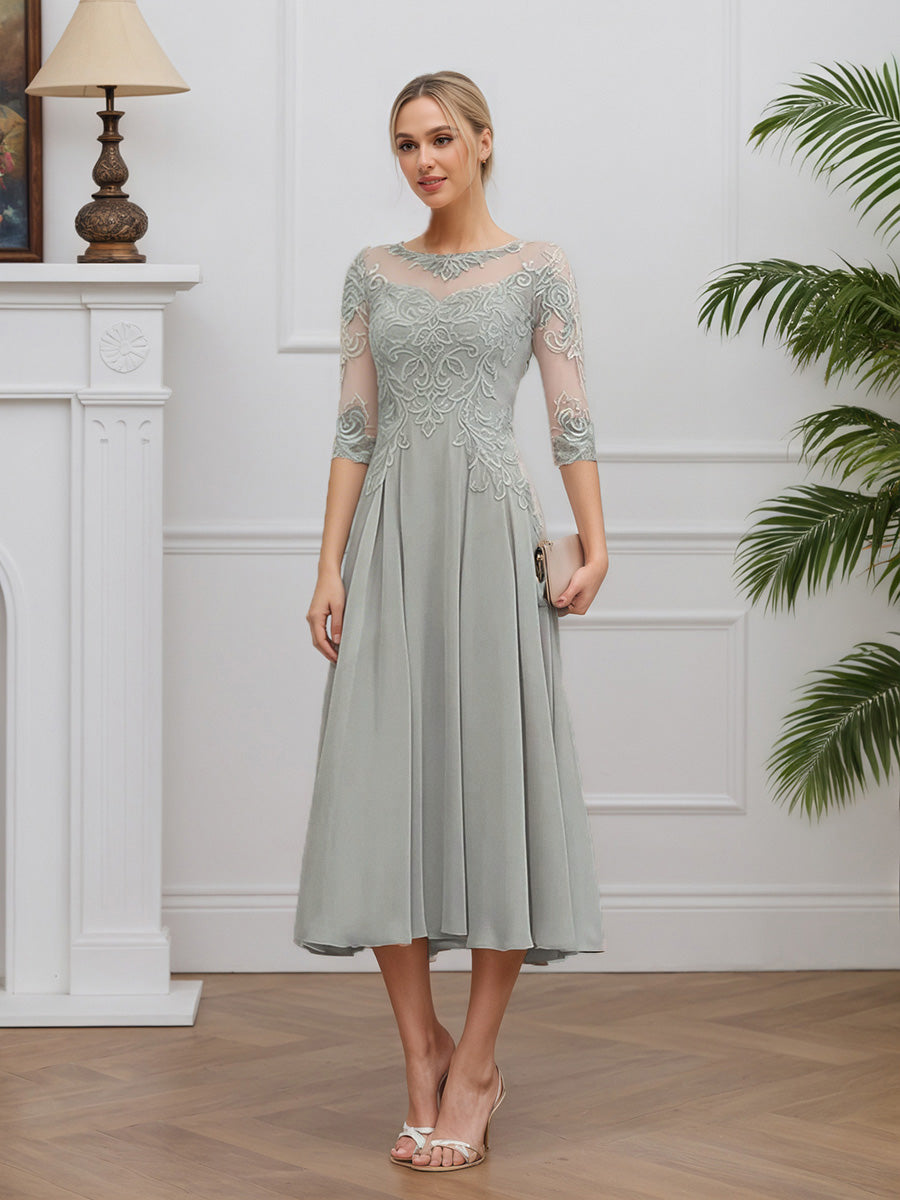 Cicinia Silver Mother Of The Groom Dress Long Chiffon Lace A-line Tea Length