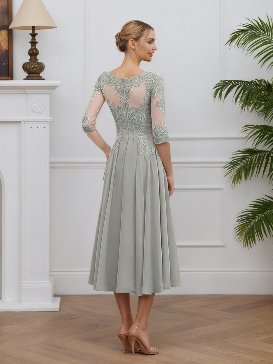Cicinia Silver Mother Of The Groom Dress Long Chiffon Lace A-line Tea Length