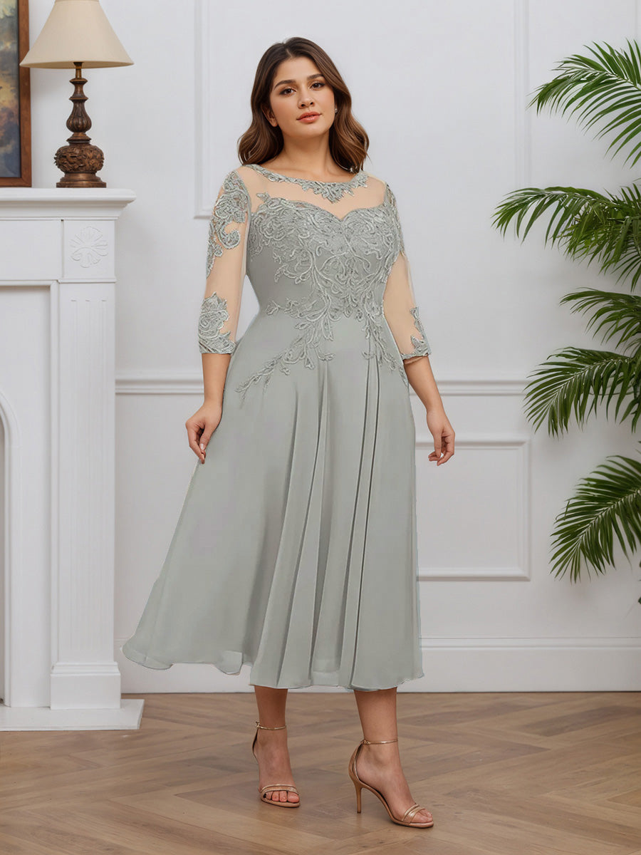 Cicinia Silver Prom Dresses Long Chiffon Lace A-line Tea Length Plus Size