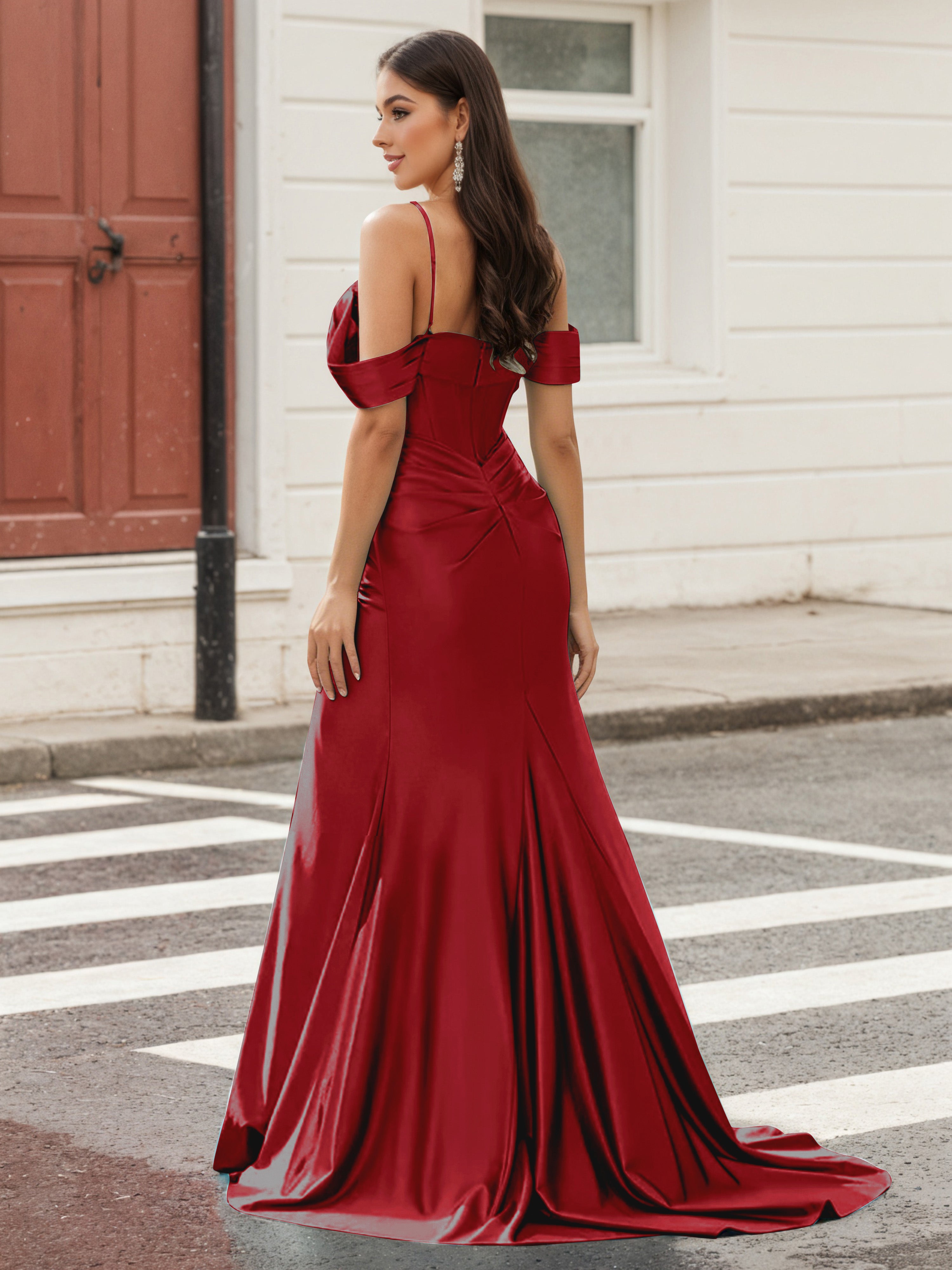 Cicinia Burgundy Spaghetti Straps Prom Dresses Long Stretch Fabric Sheath Beaded Slit Dress