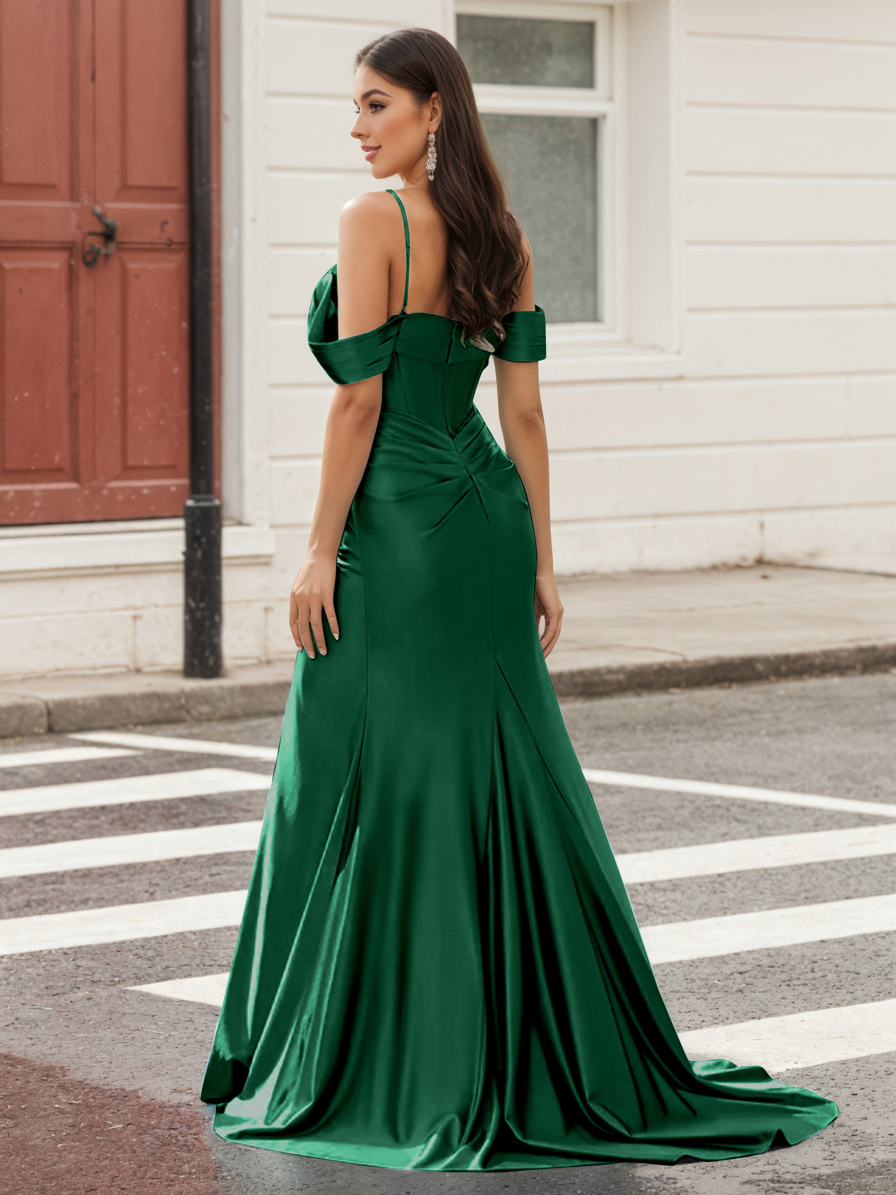 Cicinia Dark Green Spaghetti Straps Prom Dresses Long Stretch Fabric Sheath Beaded Slit Dress
