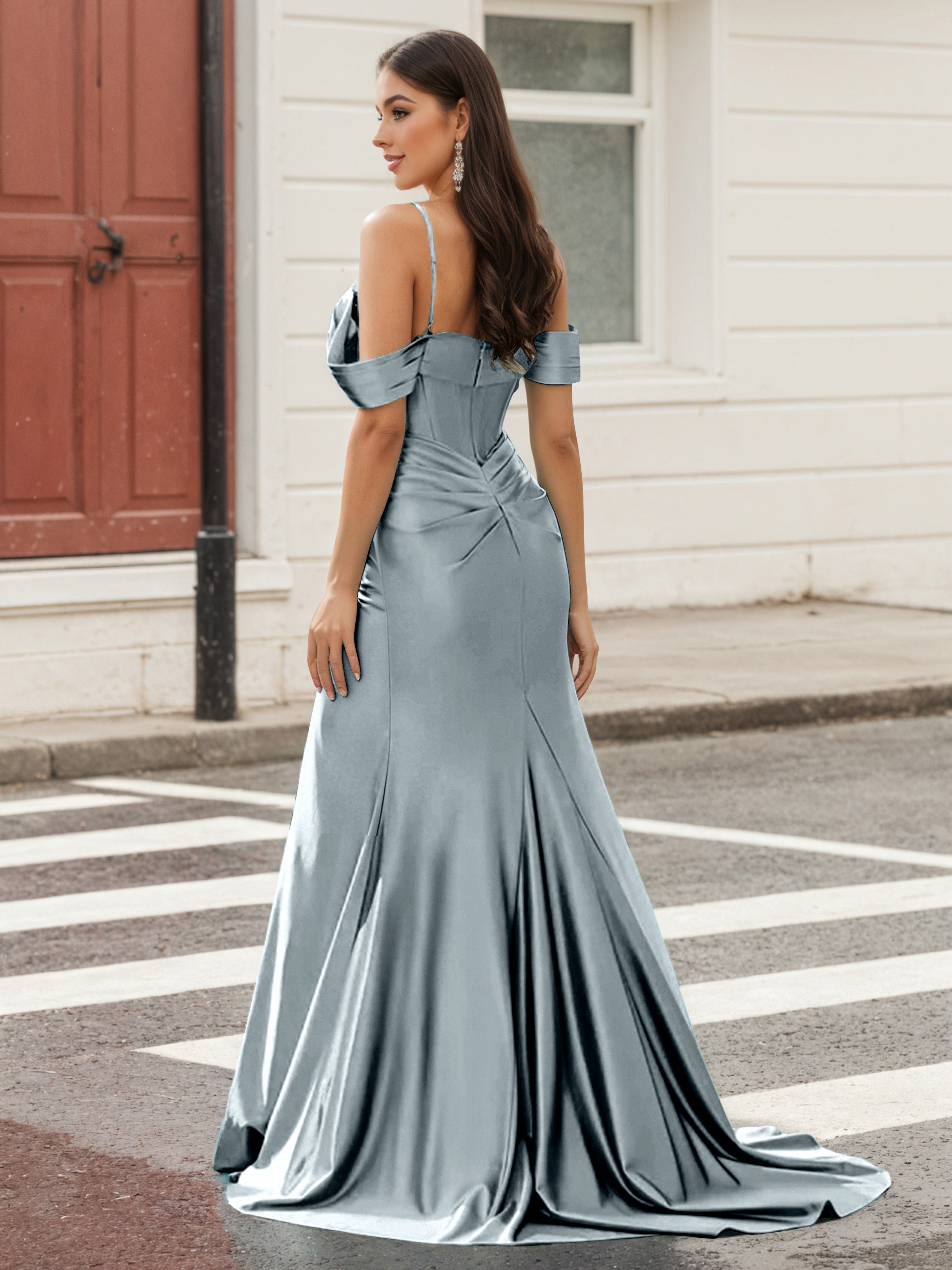 Cicinia Dusty Blue Spaghetti Straps Prom Dresses Long Stretch Fabric Sheath Beaded Slit Dress