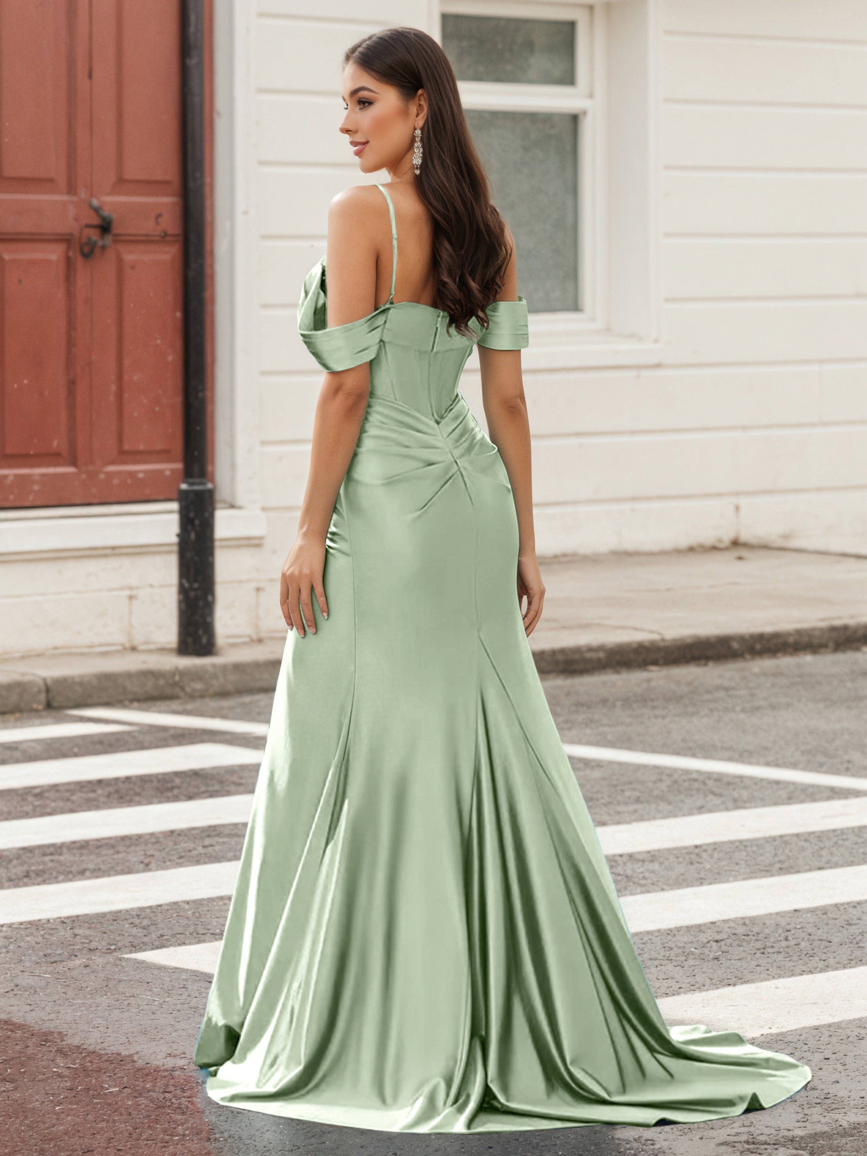Cicinia Dusty Sage Spaghetti Straps Prom Dresses Long Stretch Fabric Sheath Beaded Slit Dress
