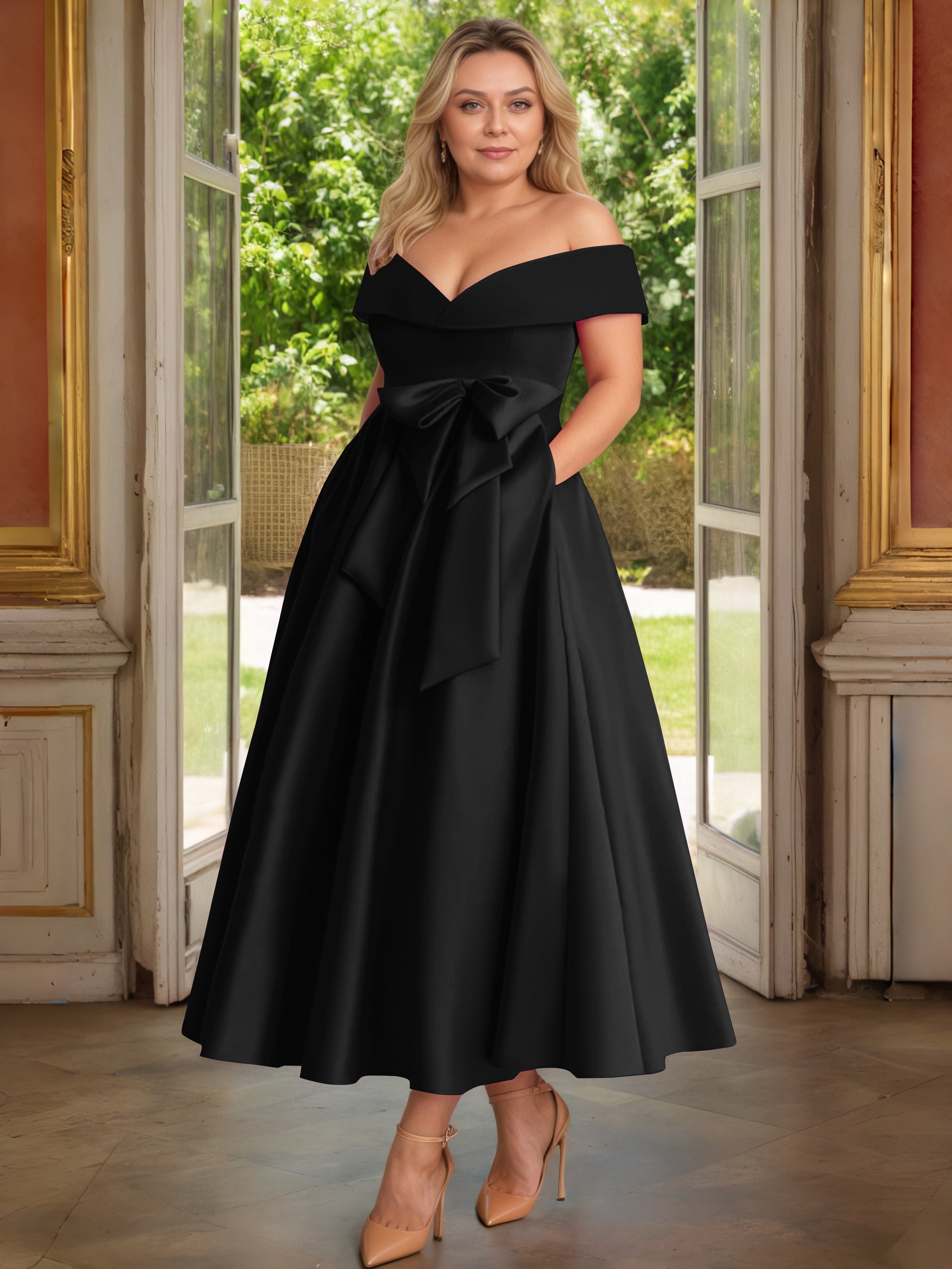 Cicinia Plus Size Black Mother Of The Bride Dress With Bowknot Long Satin A-line Off The Shoulder Ankle Length