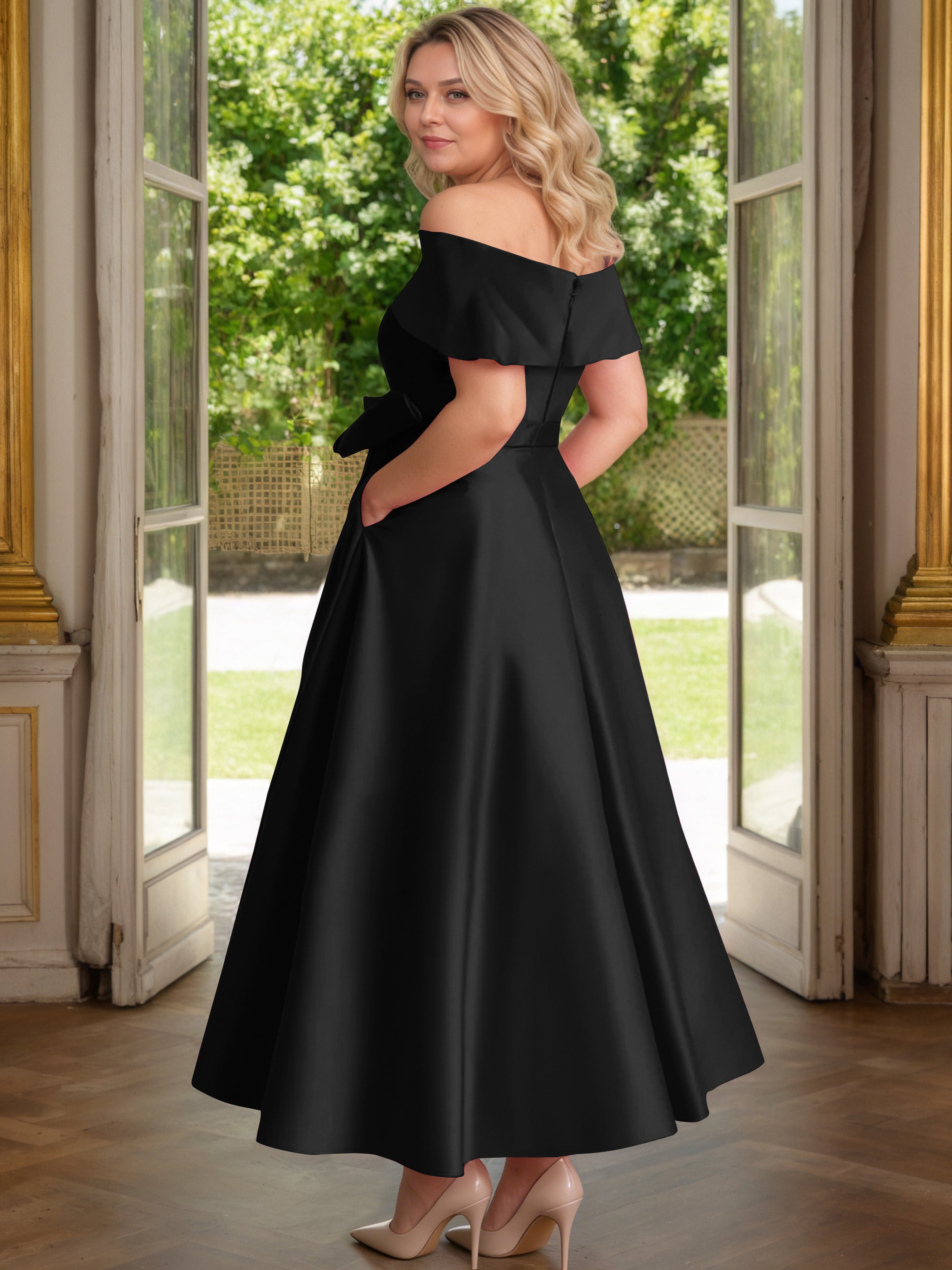 Cicinia Plus Size Black Mother Of The Bride Dress With Bowknot Long Satin A-line Off The Shoulder Ankle Length