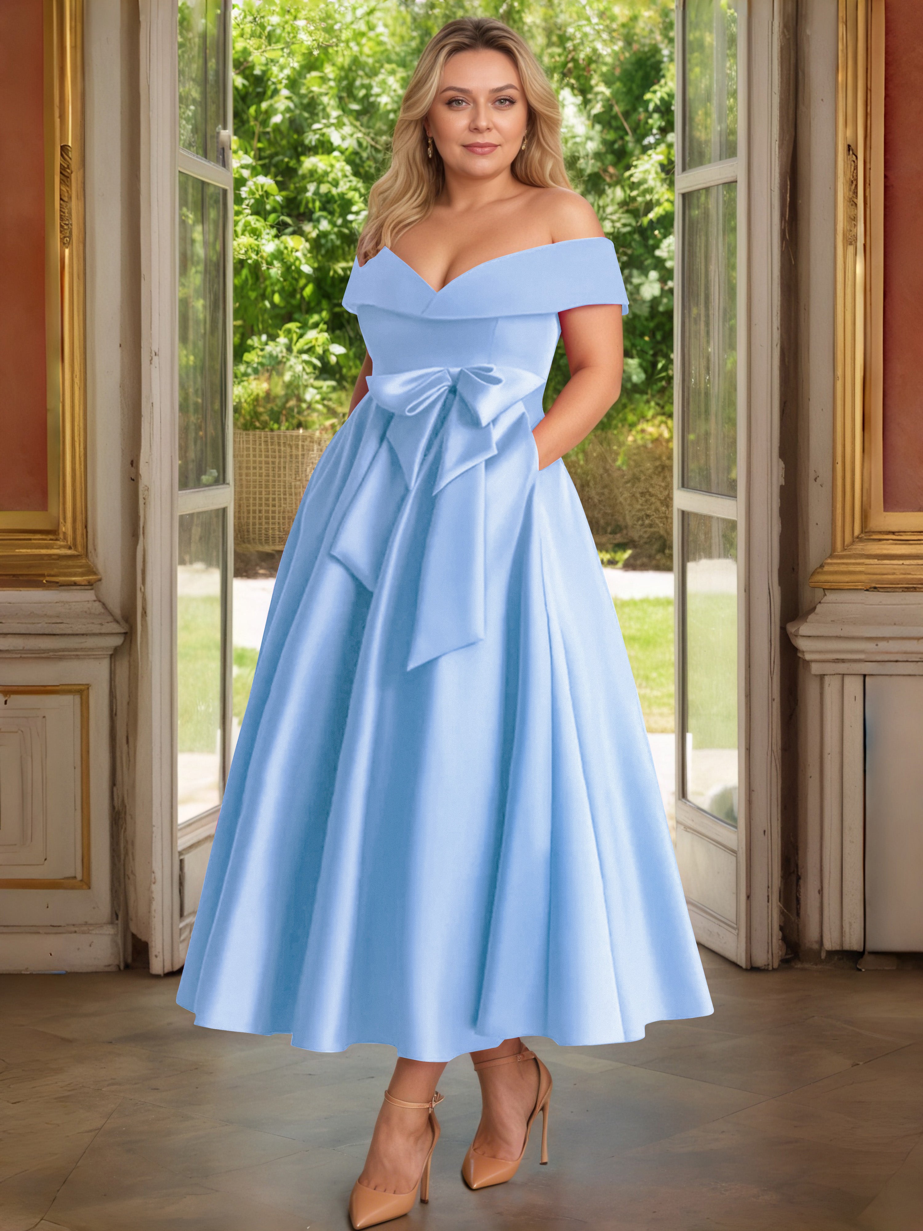 Cicinia Plus Size Blue Mother Of The Bride Dress With Bowknot Long Satin A-line Off The Shoulder Ankle Length