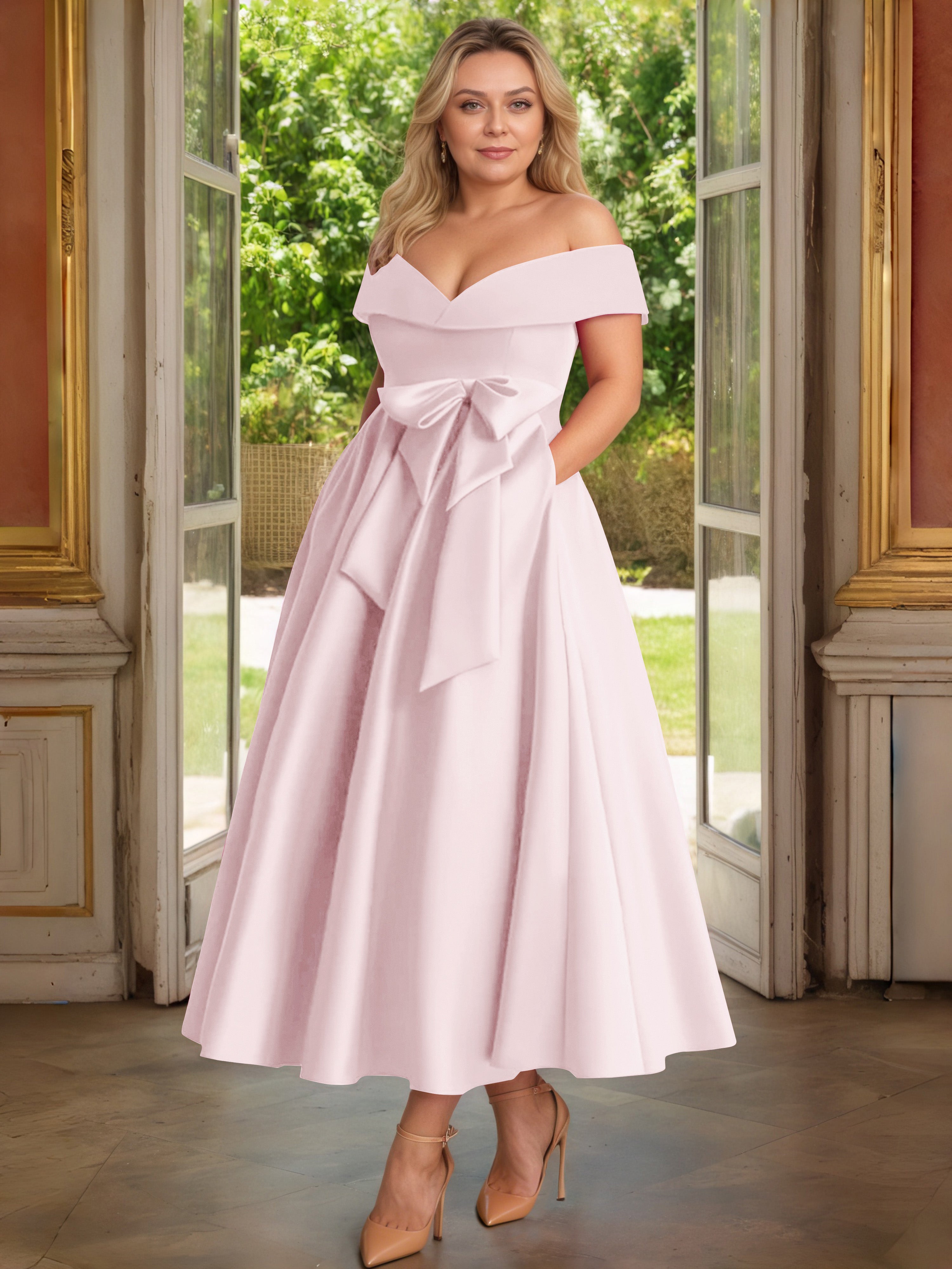 Cicinia Plus Size Blushing Pink Mother Of The Bride Dress With Bowknot Long Satin A-line Off The Shoulder Ankle Length