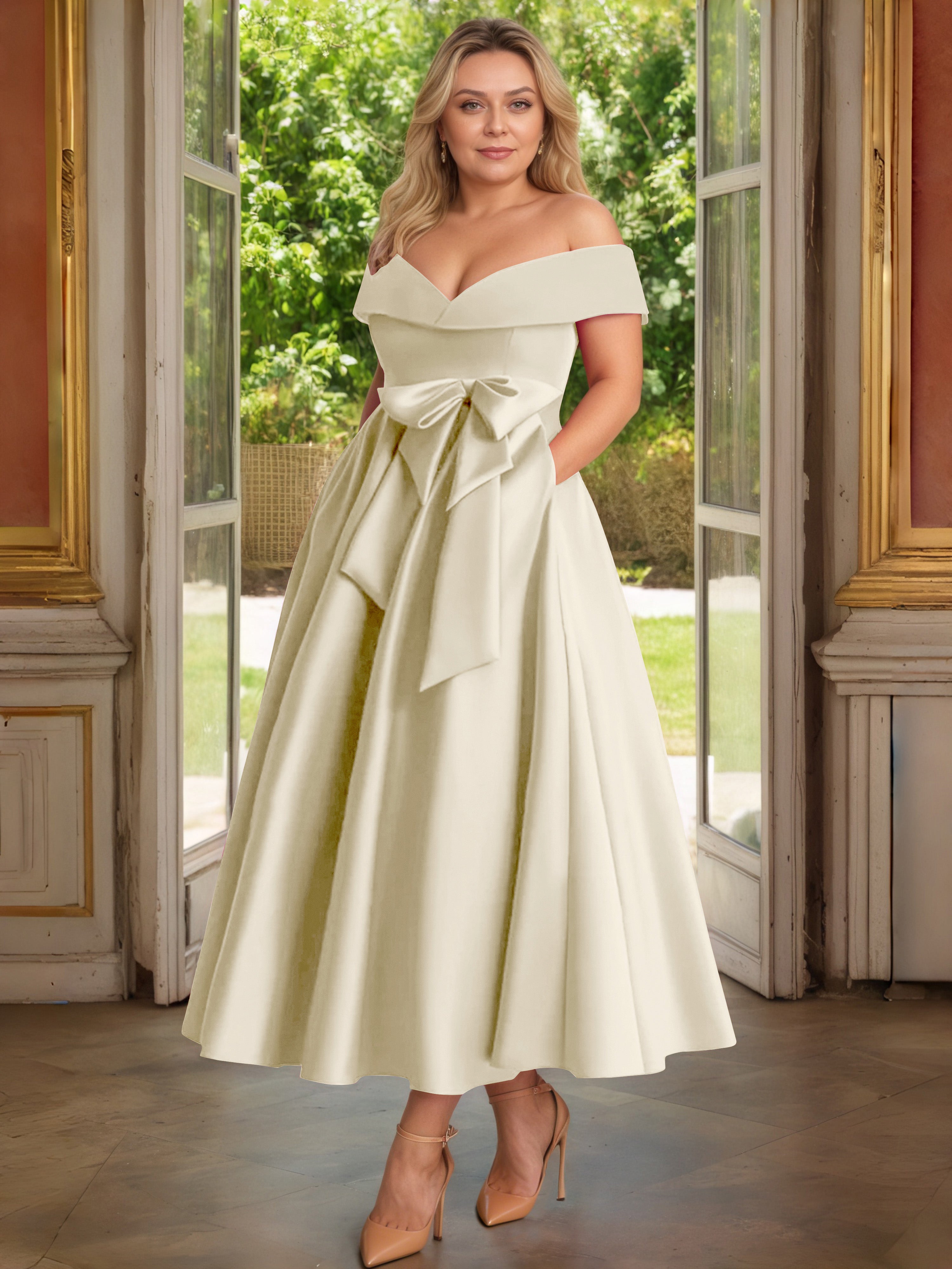 Cicinia Plus Size Champagne Mother Of The Bride Dress With Bowknot Long Satin A-line Off The Shoulder Ankle Length