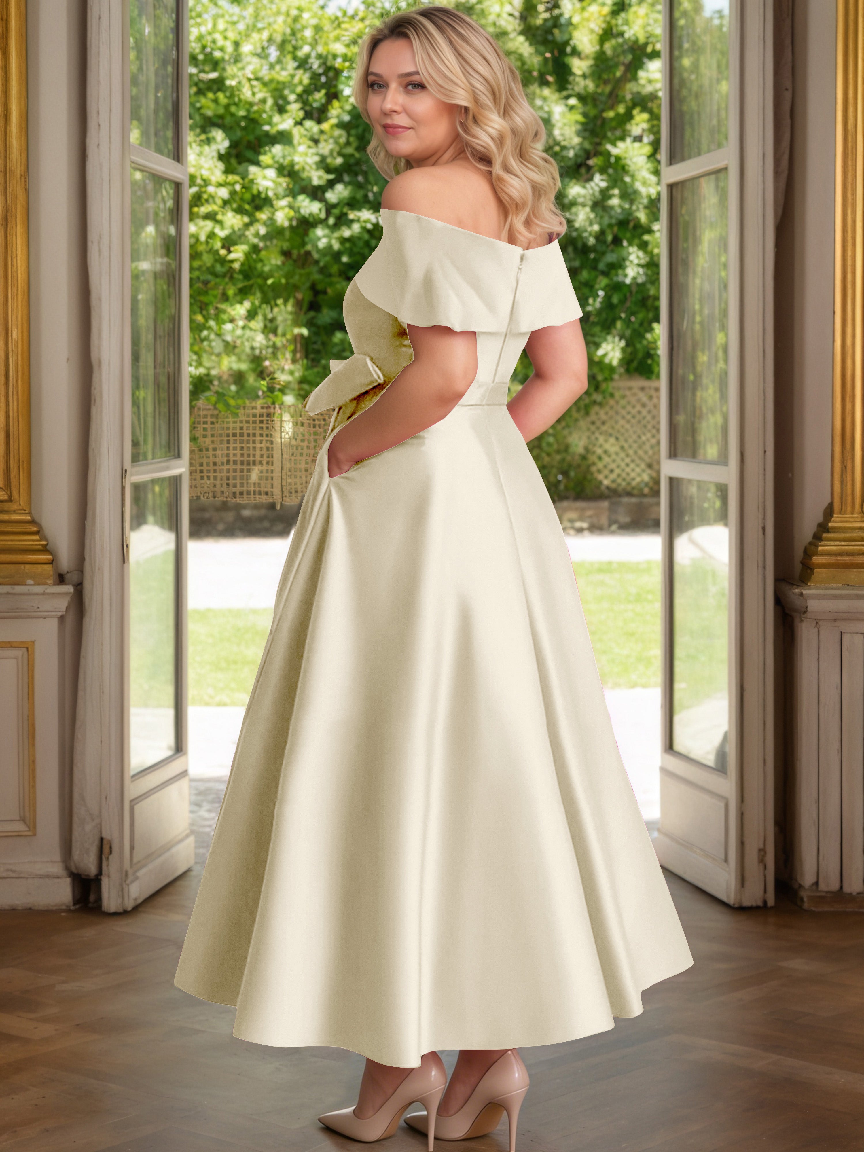 Cicinia Plus Size Champagne Mother Of The Bride Dress With Bowknot Long Satin A-line Off The Shoulder Ankle Length