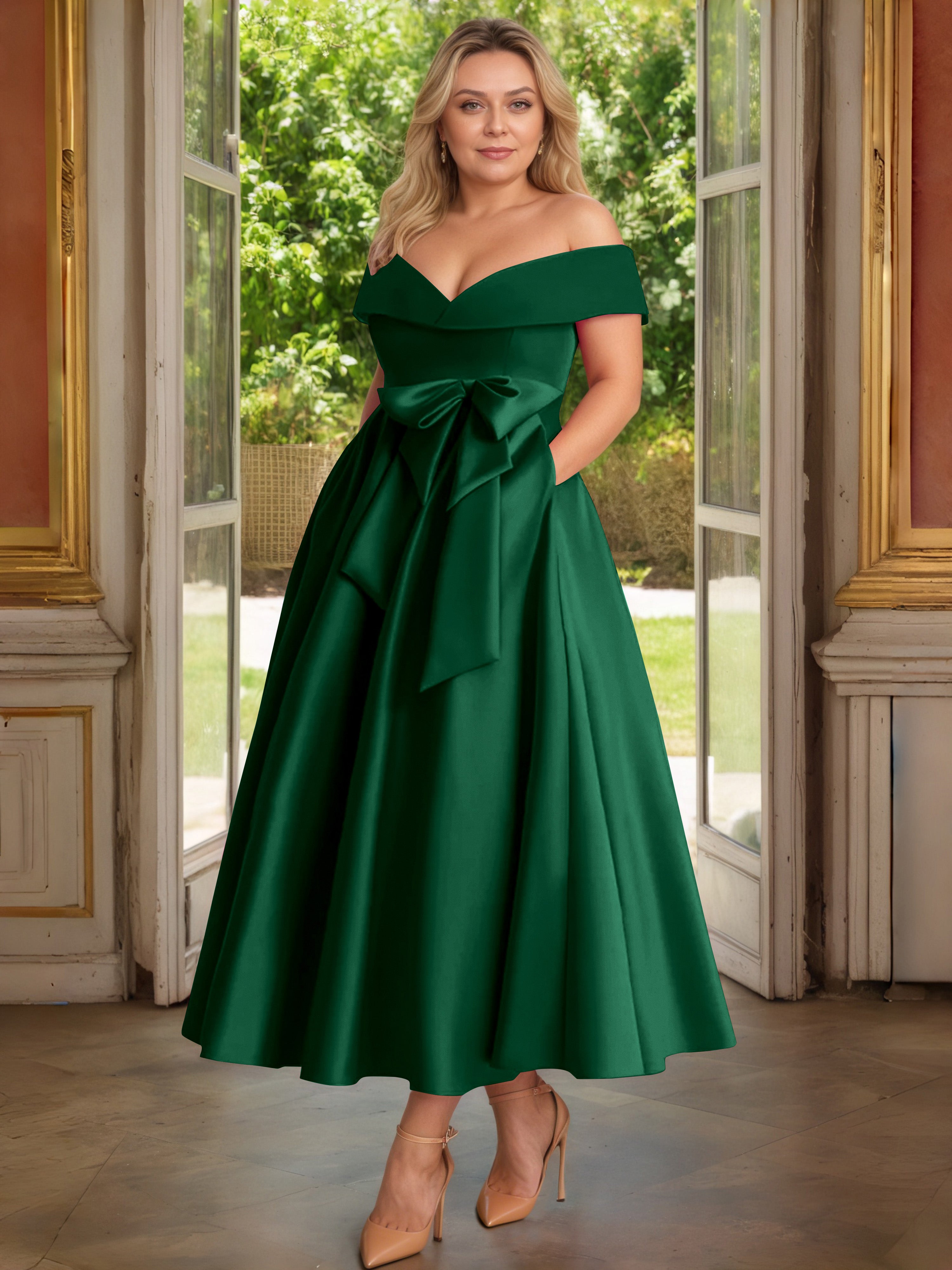 Cicinia Plus Size Dark Green Mother Of The Bride Dress With Bowknot Long Satin A-line Off The Shoulder Ankle Length