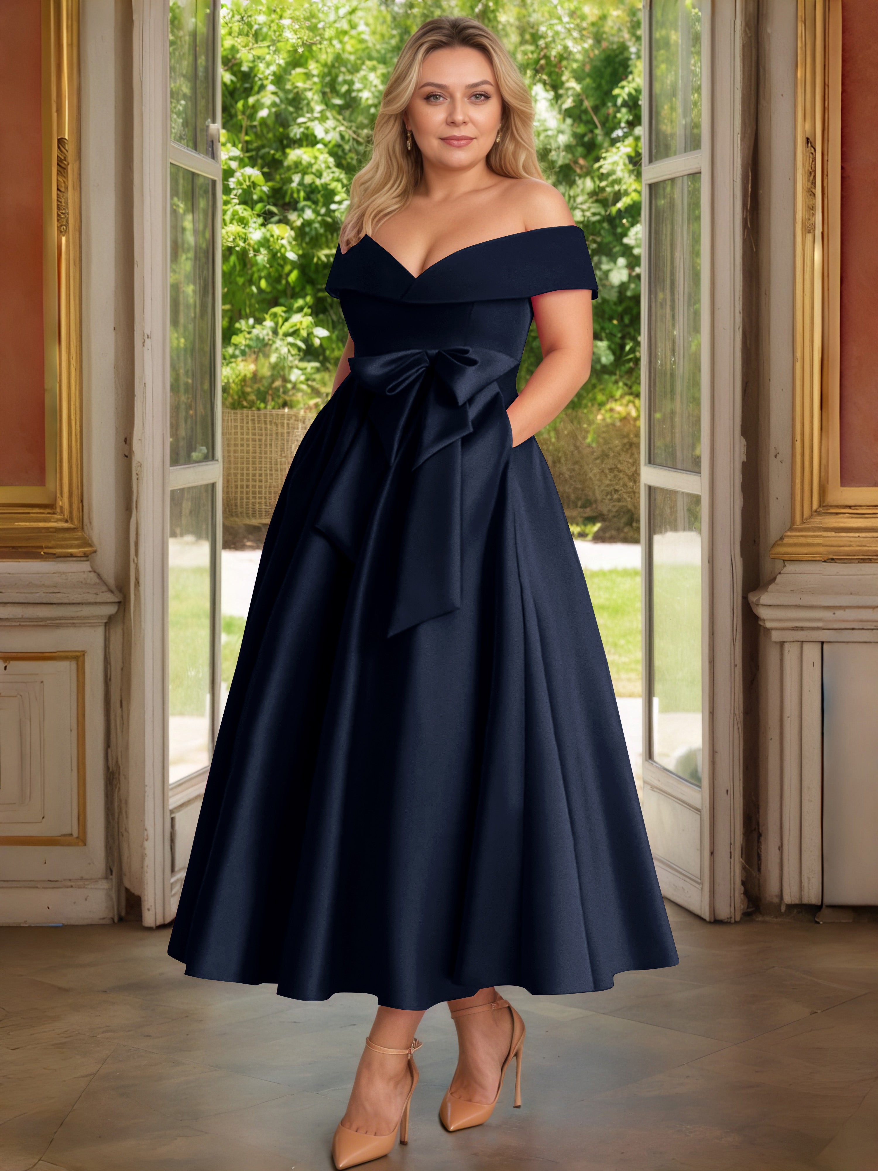Cicinia Plus Size Dark Navy Mother Of The Bride Dress With Bowknot Long Satin A-line Off The Shoulder Ankle Length