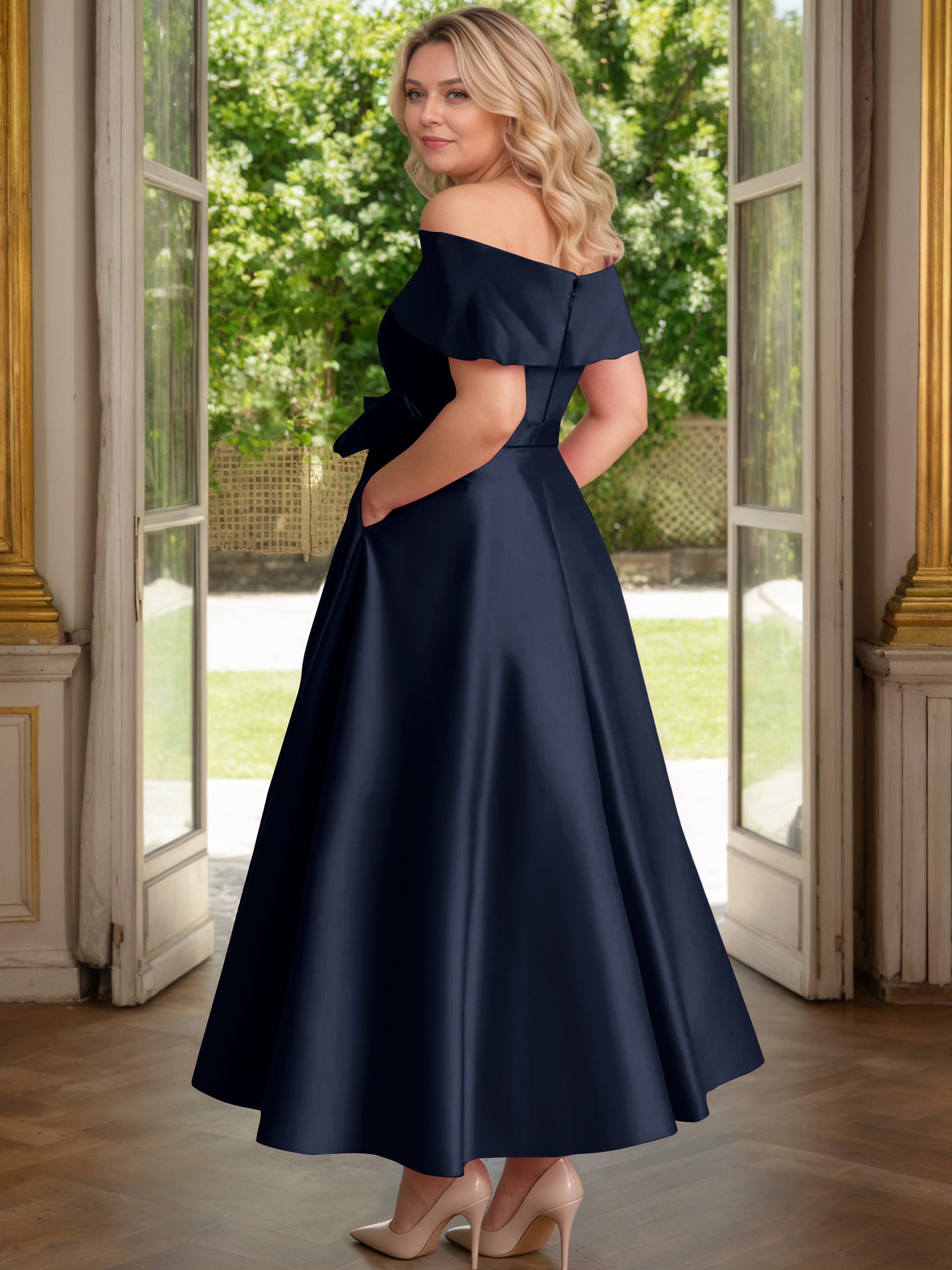 Cicinia Plus Size Dark Navy Mother Of The Bride Dress With Bowknot Long Satin A-line Off The Shoulder Ankle Length