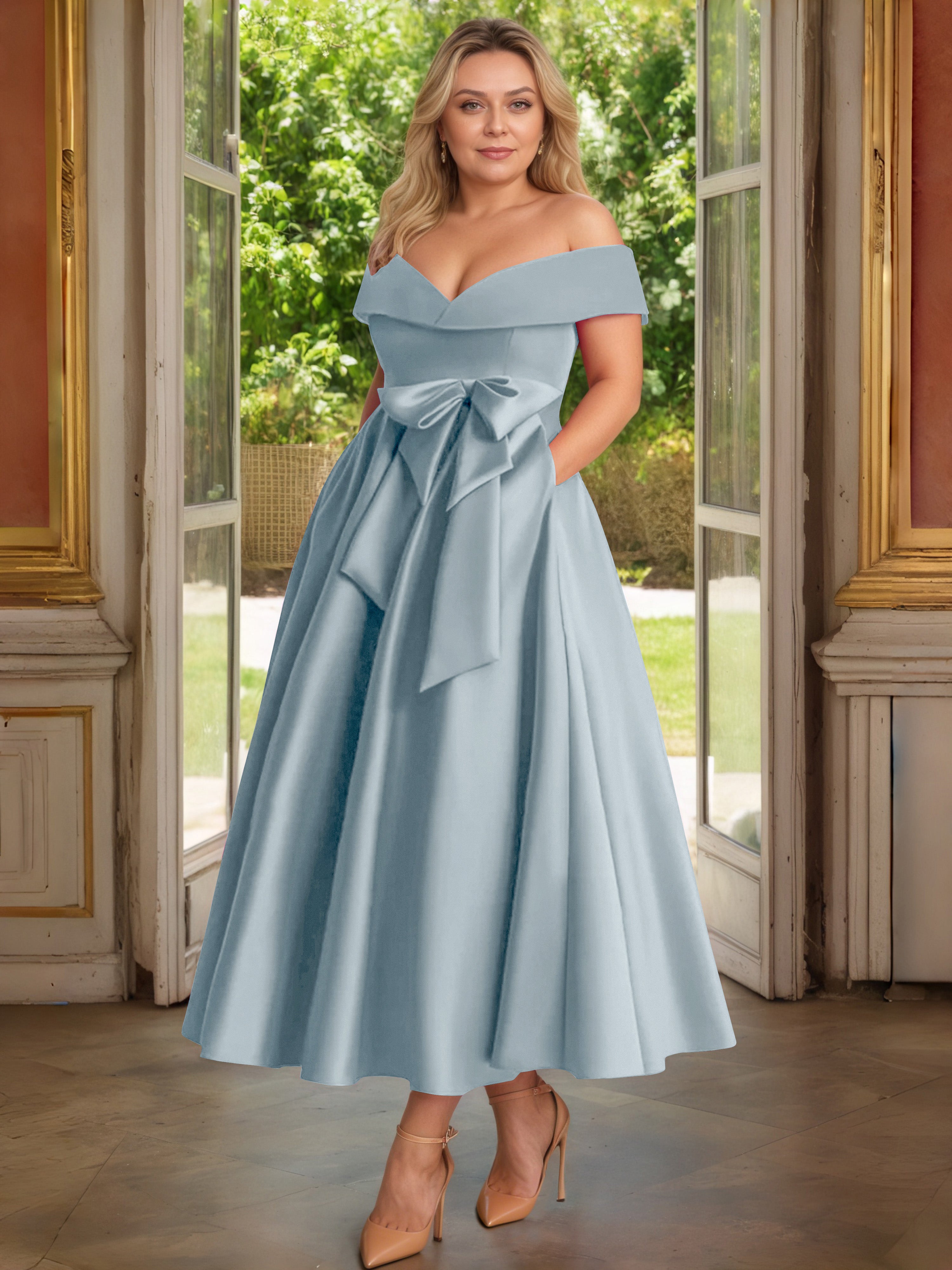 Cicinia Plus Size Dusty Blue Mother Of The Bride Dress With Bowknot Long Satin A-line Off The Shoulder Ankle Length