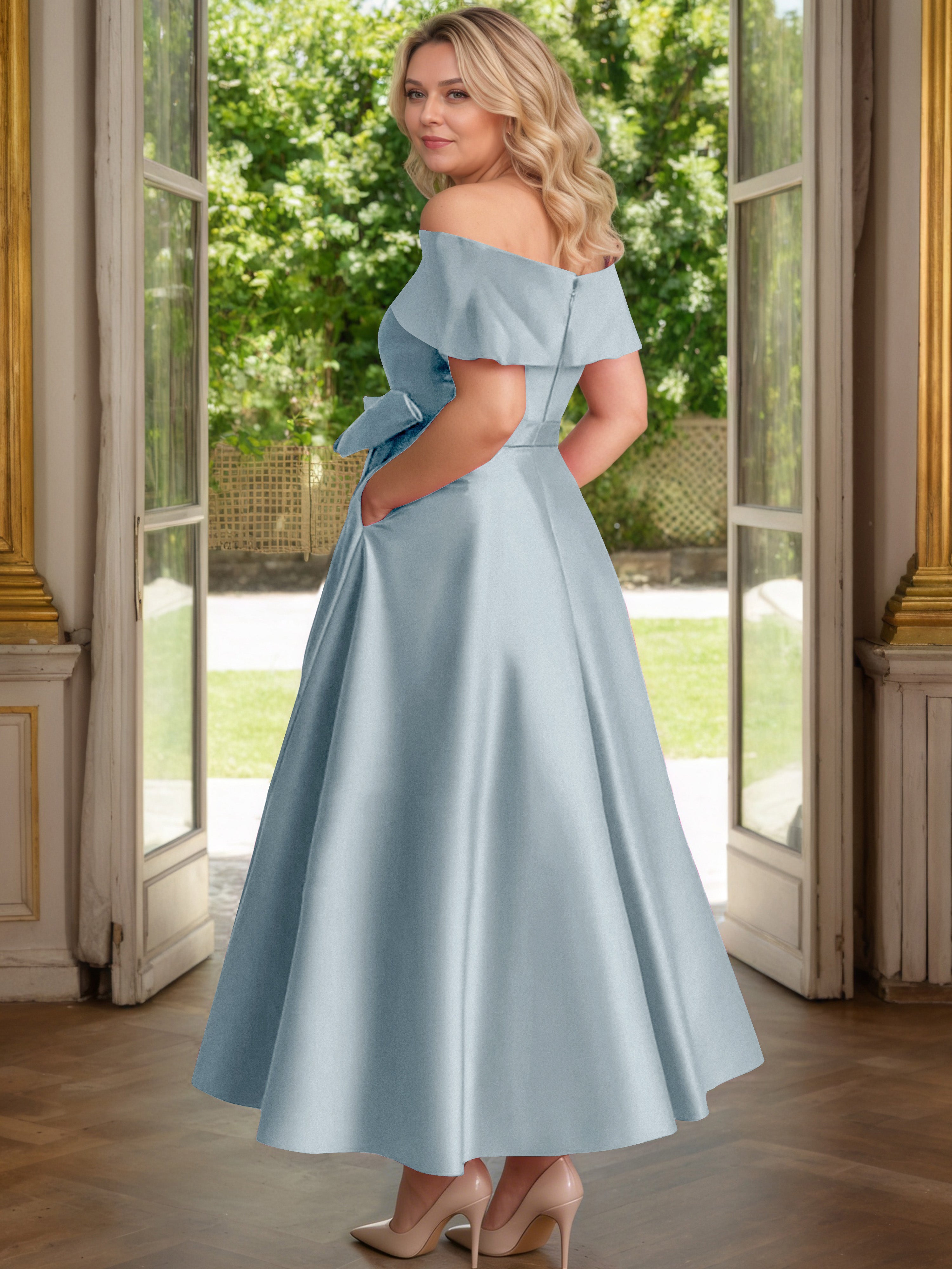 Cicinia Plus Size Dusty Blue Mother Of The Bride Dress With Bowknot Long Satin A-line Off The Shoulder Ankle Length
