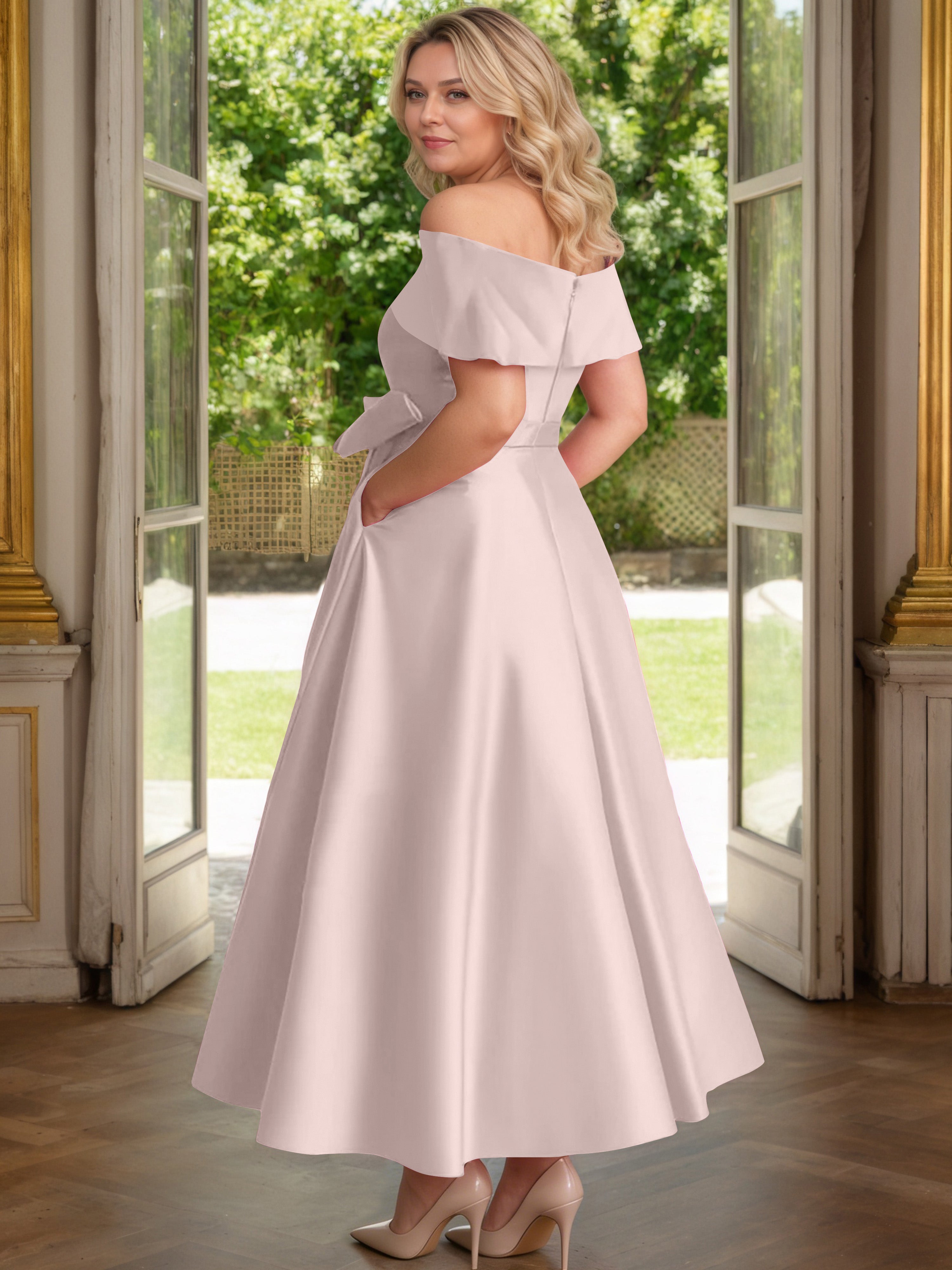 Cicinia Plus Size Dusty Rose Mother Of The Bride Dress With Bowknot Long Satin A-line Off The Shoulder Ankle Length
