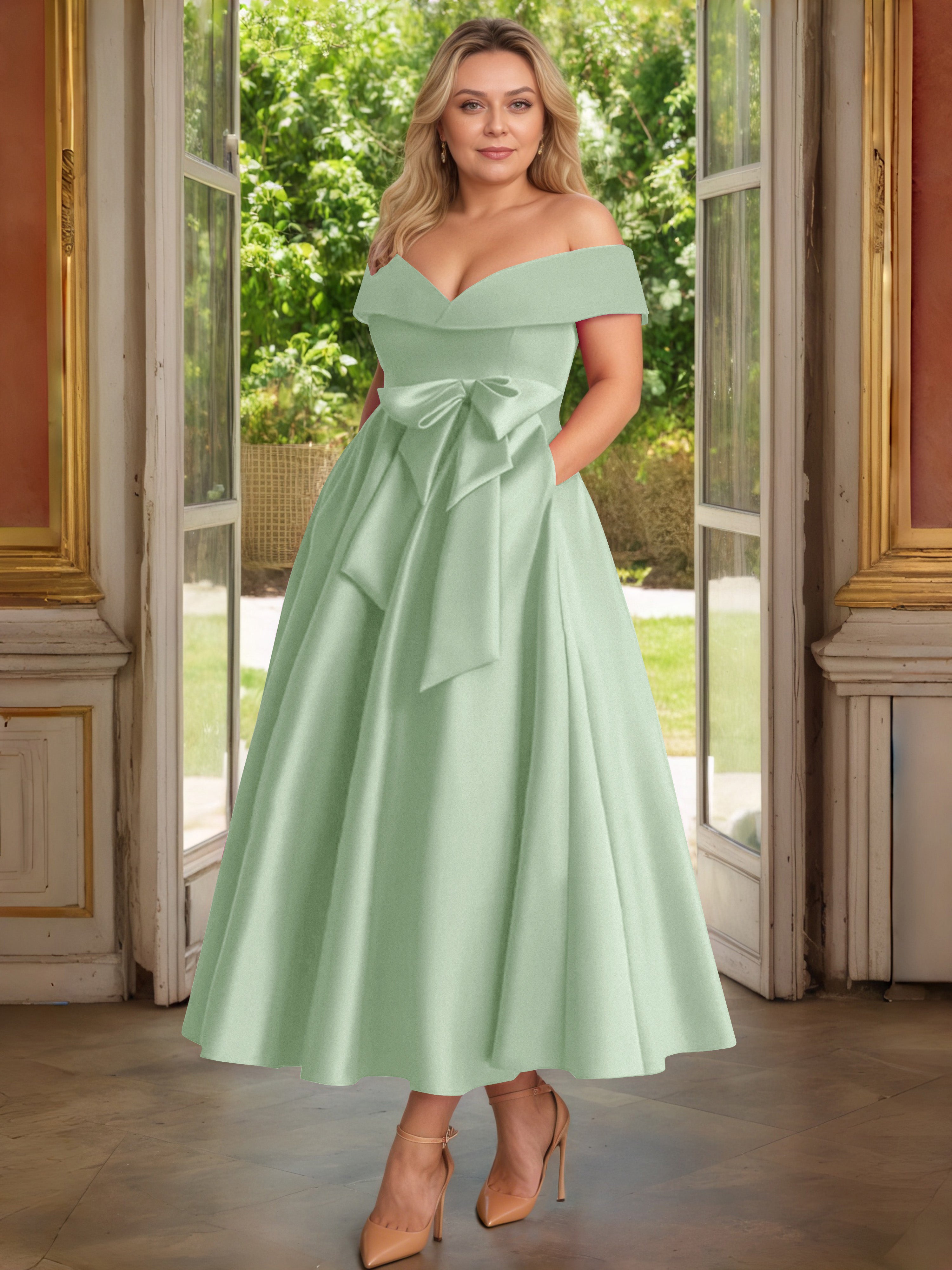 Cicinia Plus Size Dusty Sage Mother Of The Bride Dress With Bowknot Long Satin A-line Off The Shoulder Ankle Length