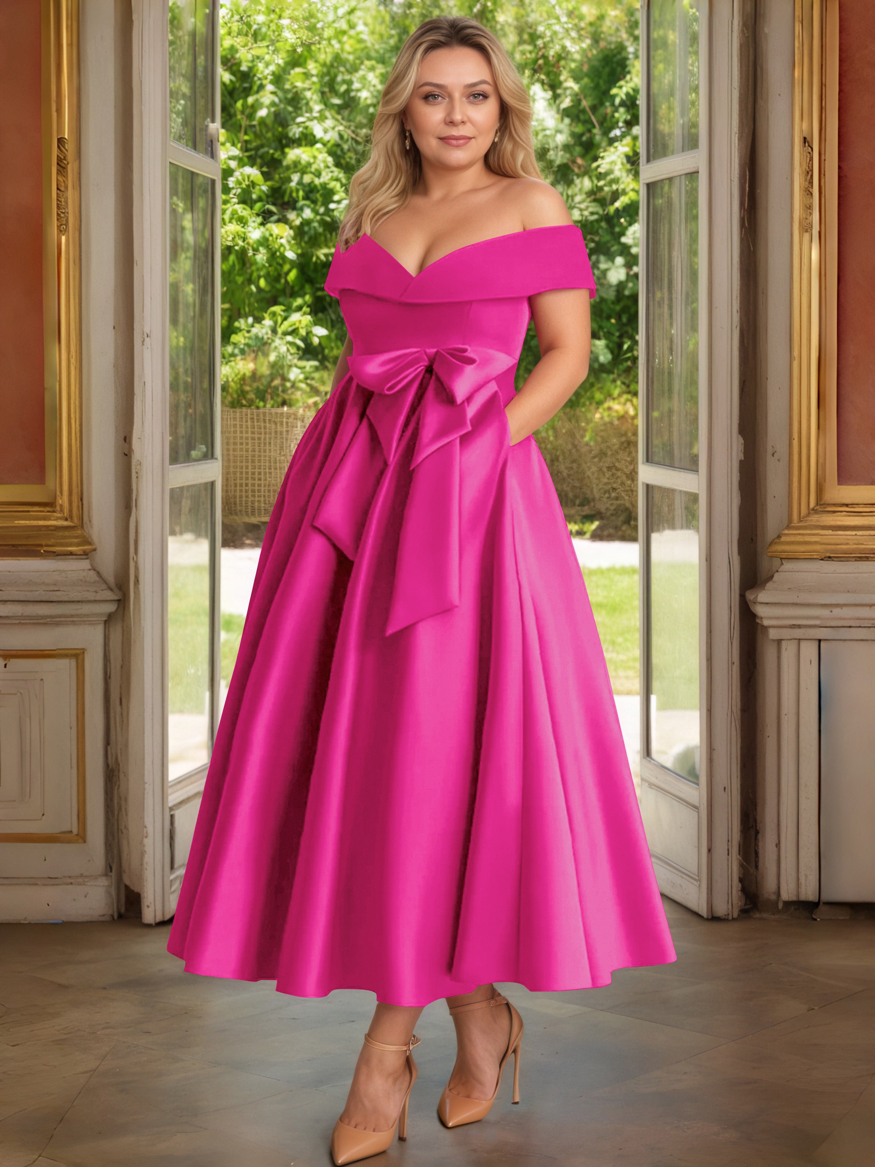Cicinia Plus Size Fuchsia Mother Of The Bride Dress With Bowknot Long Satin A-line Off The Shoulder Ankle Length