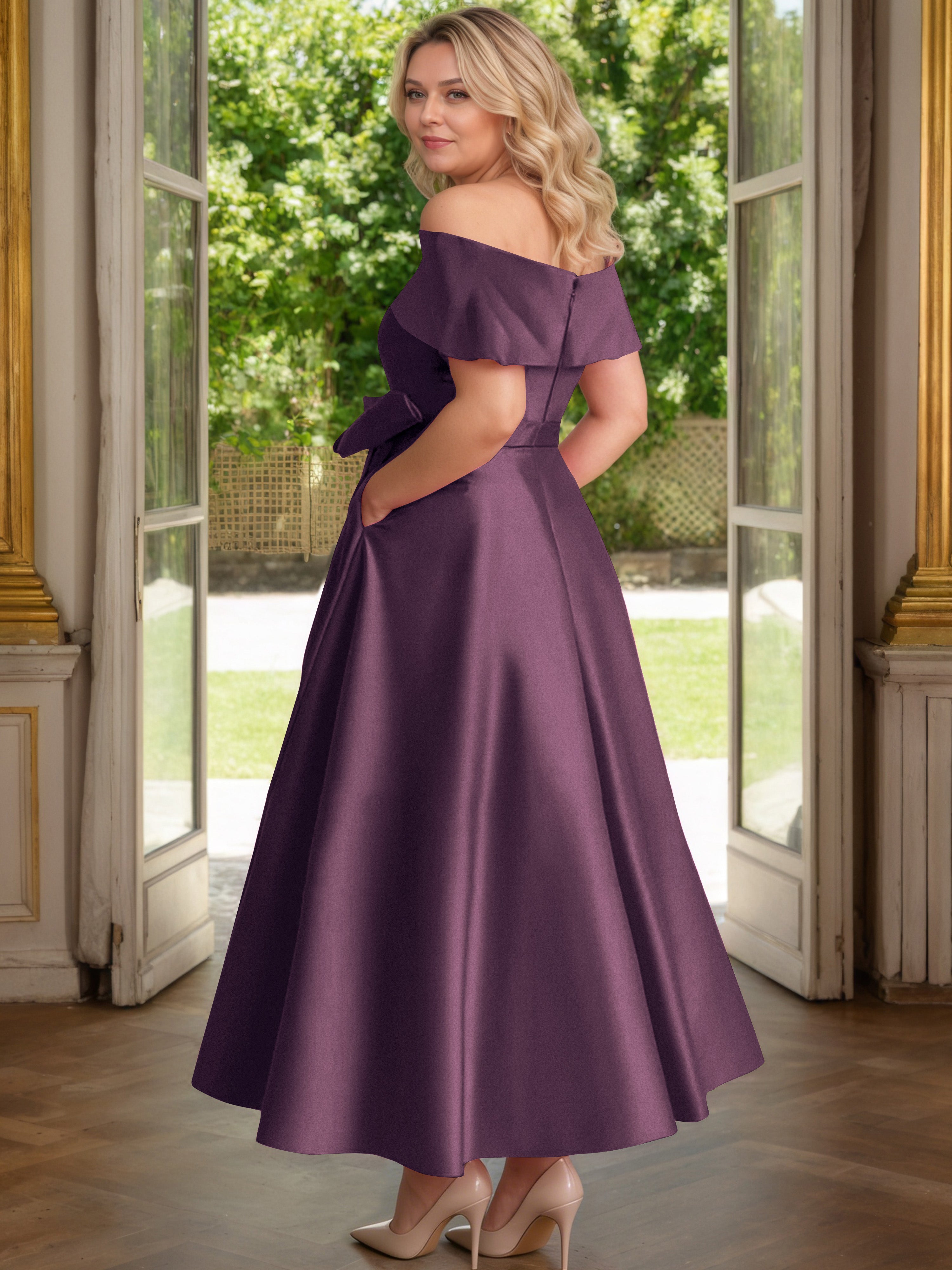 Cicinia Plus Size Grape Mother Of The Bride Dress With Bowknot Long Satin A-line Off The Shoulder Ankle Length