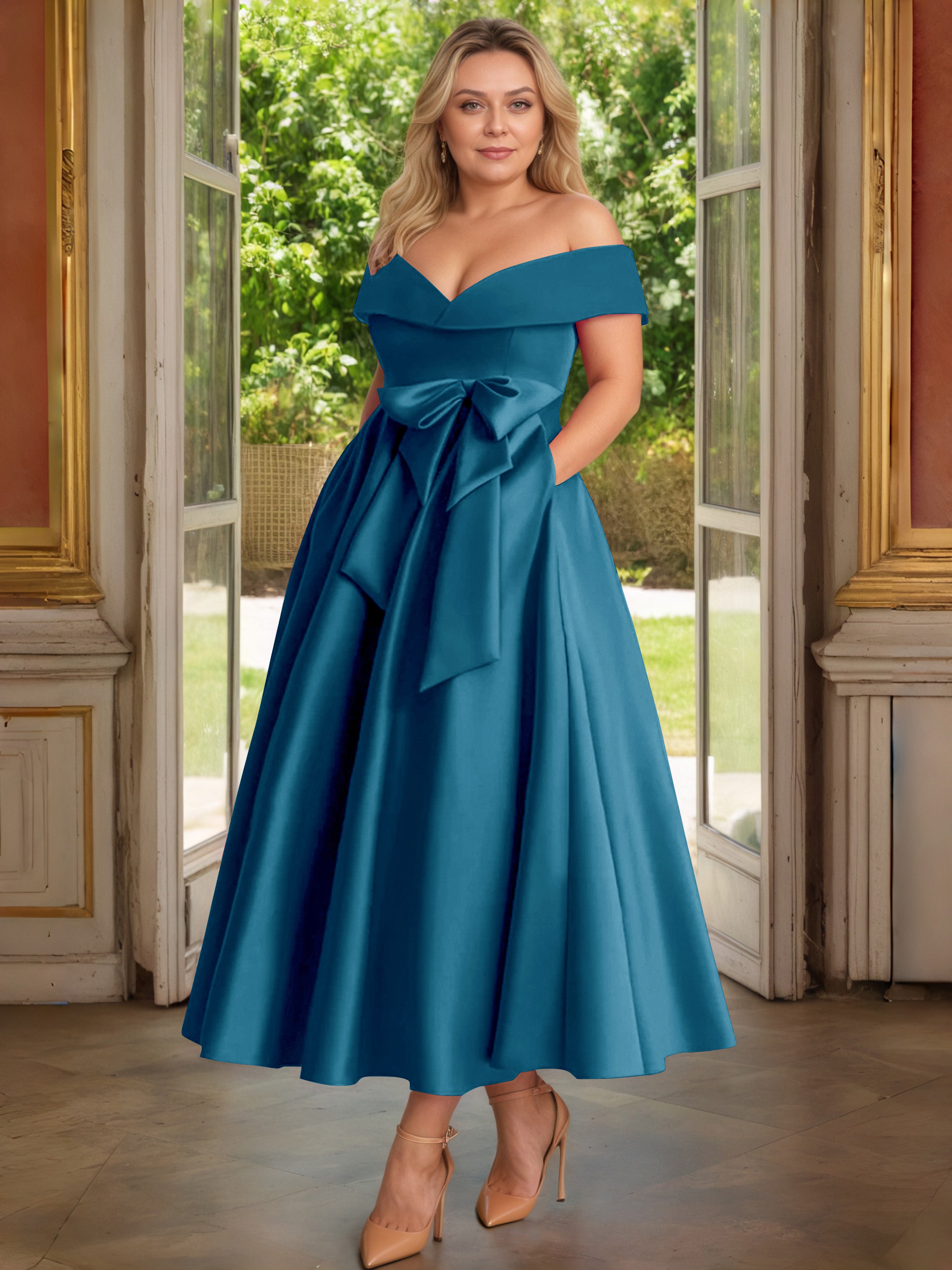 Cicinia Plus Size Ink Blue Mother Of The Bride Dress With Bowknot Long Satin A-line Off The Shoulder Ankle Length