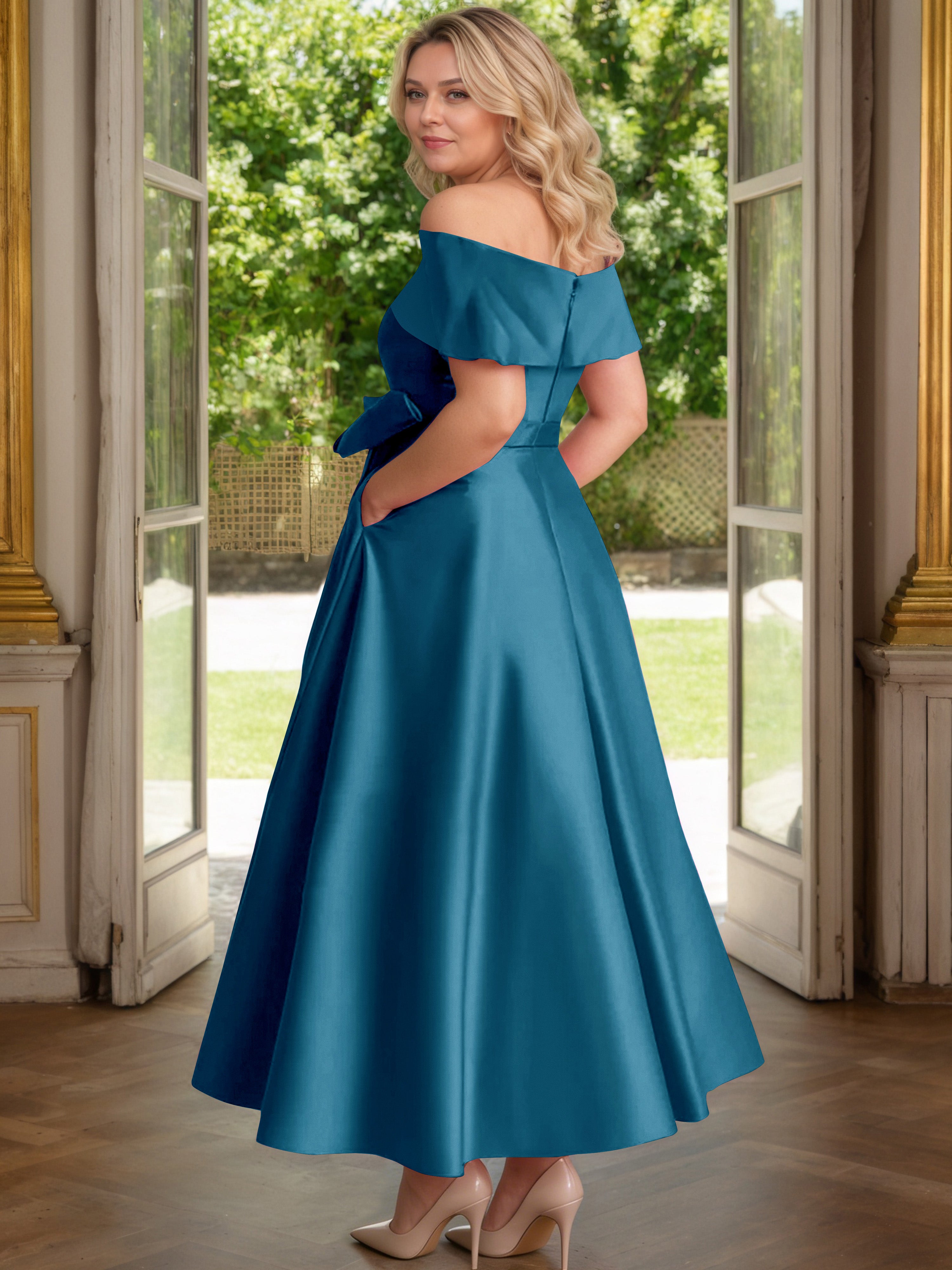 Cicinia Plus Size Ink Blue Mother Of The Bride Dress With Bowknot Long Satin A-line Off The Shoulder Ankle Length