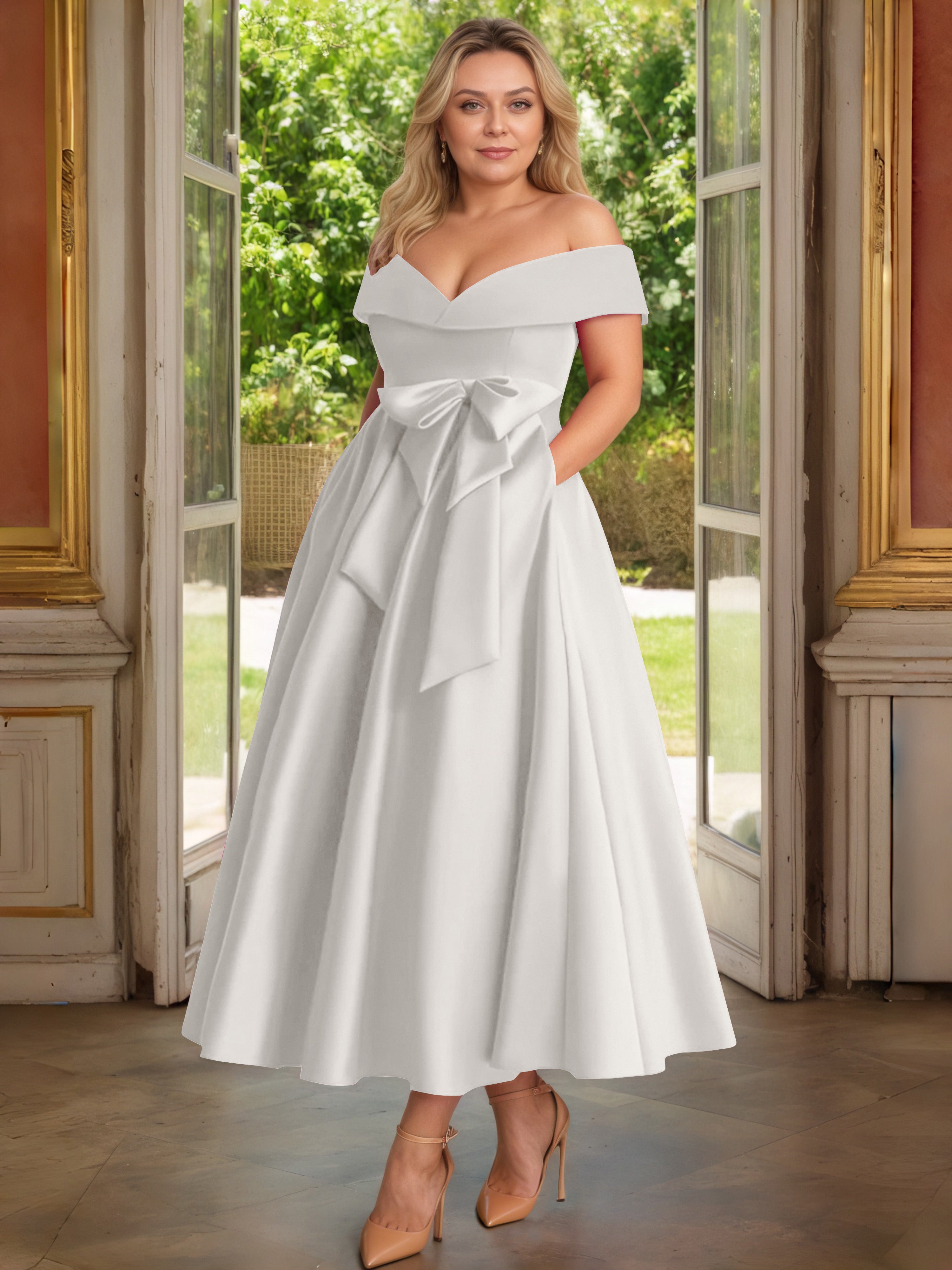 Cicinia Plus Size Ivory Mother Of The Bride Dress With Bowknot Long Satin A-line Off The Shoulder Ankle Length