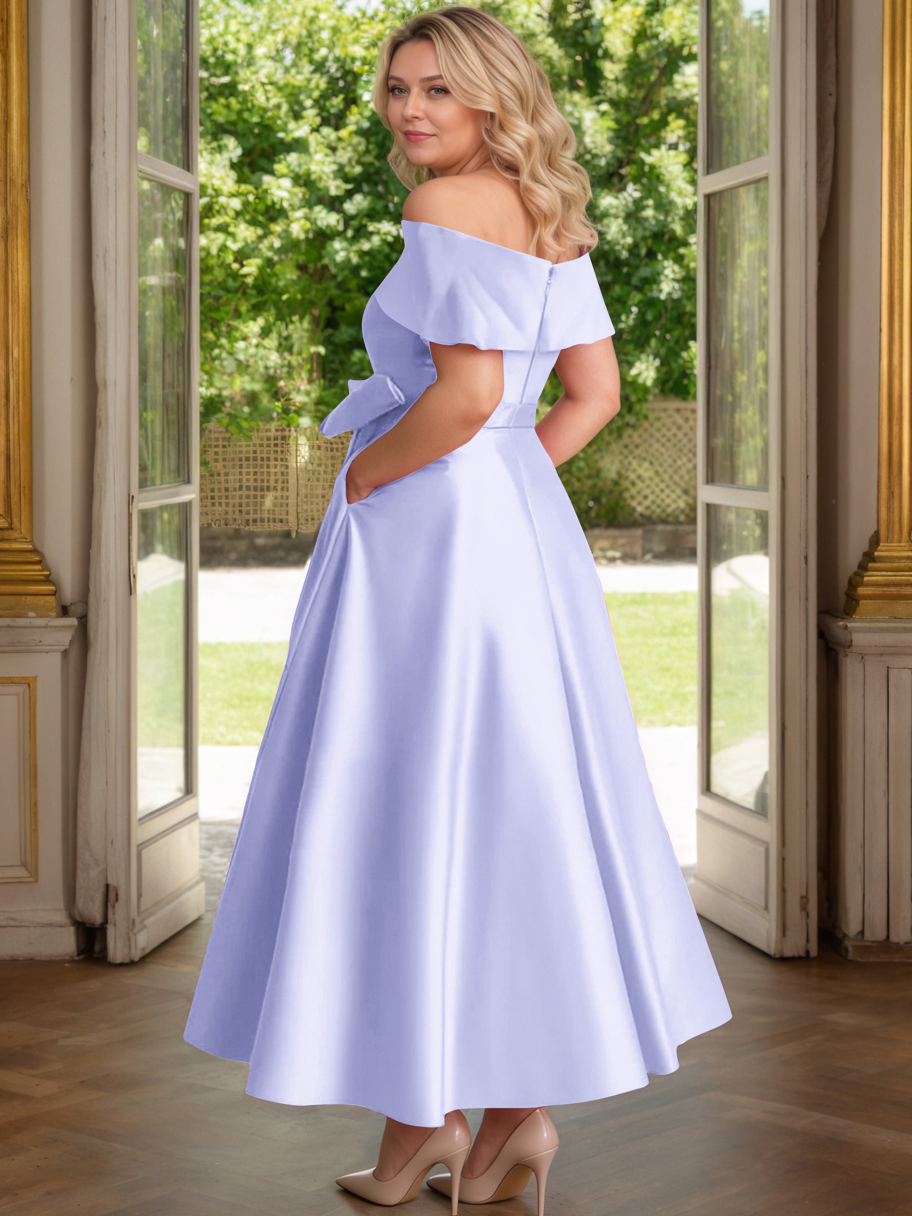Cicinia Plus Size Lavender Mother Of The Bride Dress With Bowknot Long Satin A-line Off The Shoulder Ankle Length