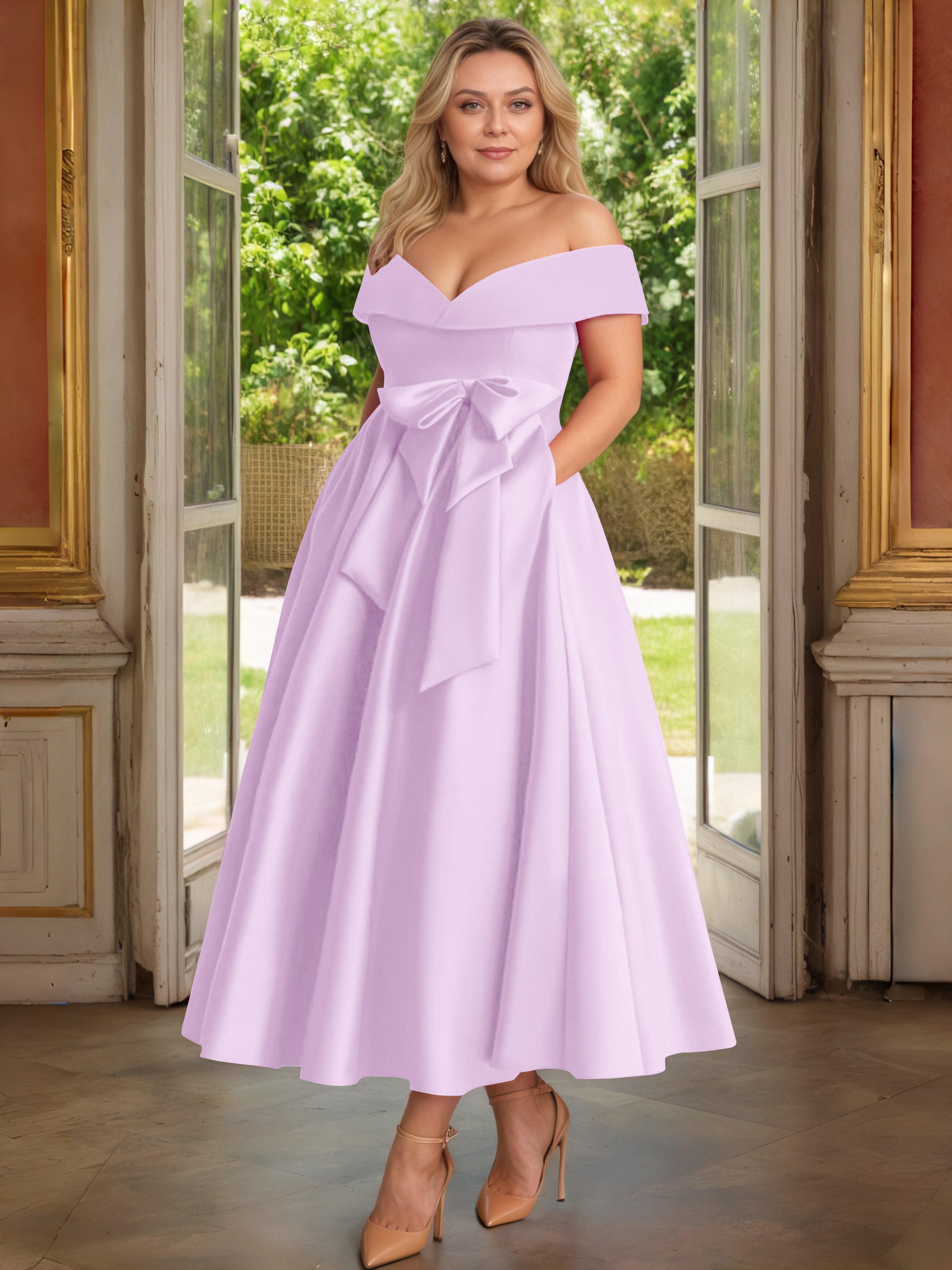 Cicinia Plus Size Lilac Mother Of The Bride Dress With Bowknot Long Satin A-line Off The Shoulder Ankle Length