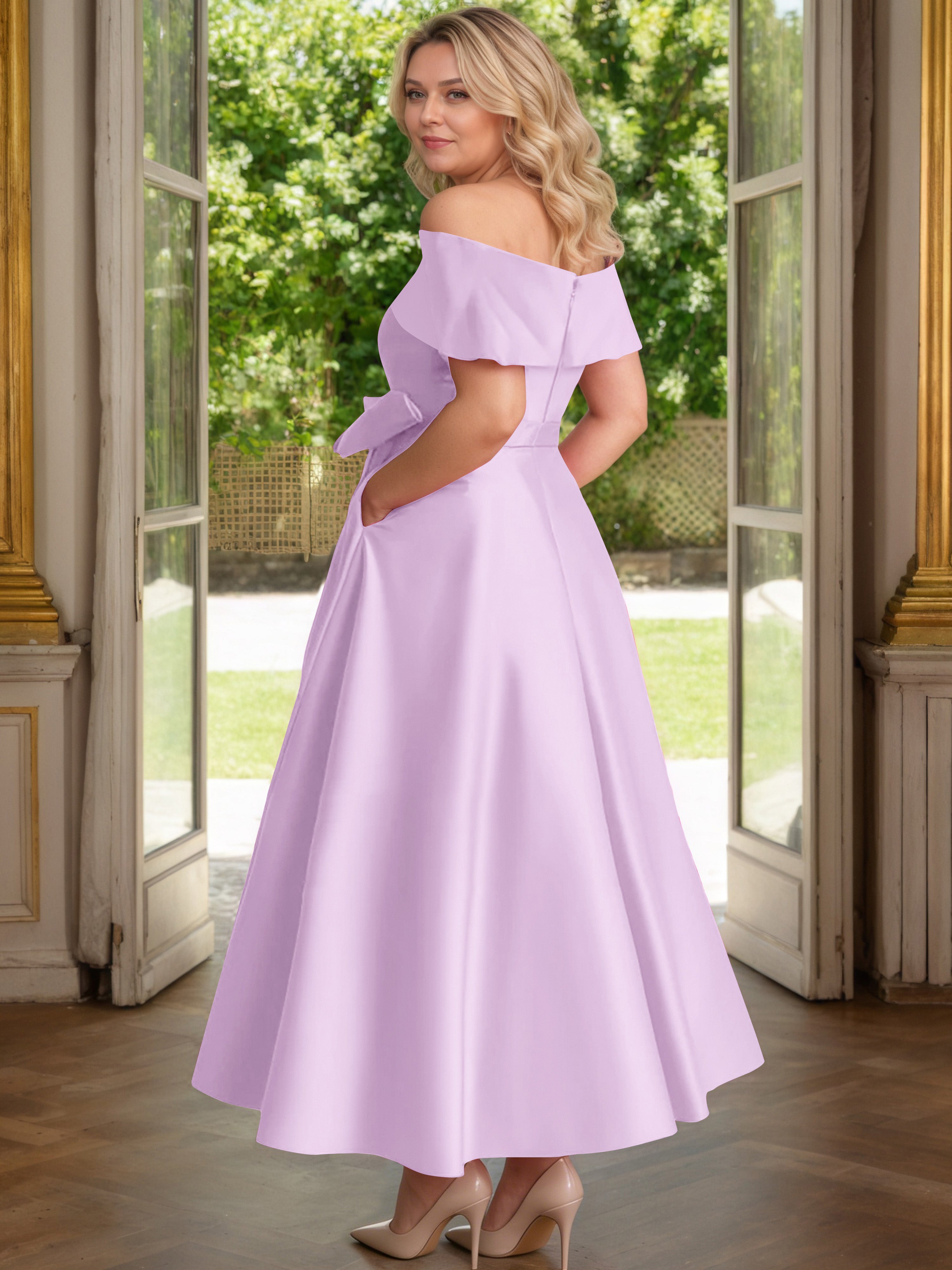 Cicinia Plus Size Lilac Mother Of The Bride Dress With Bowknot Long Satin A-line Off The Shoulder Ankle Length