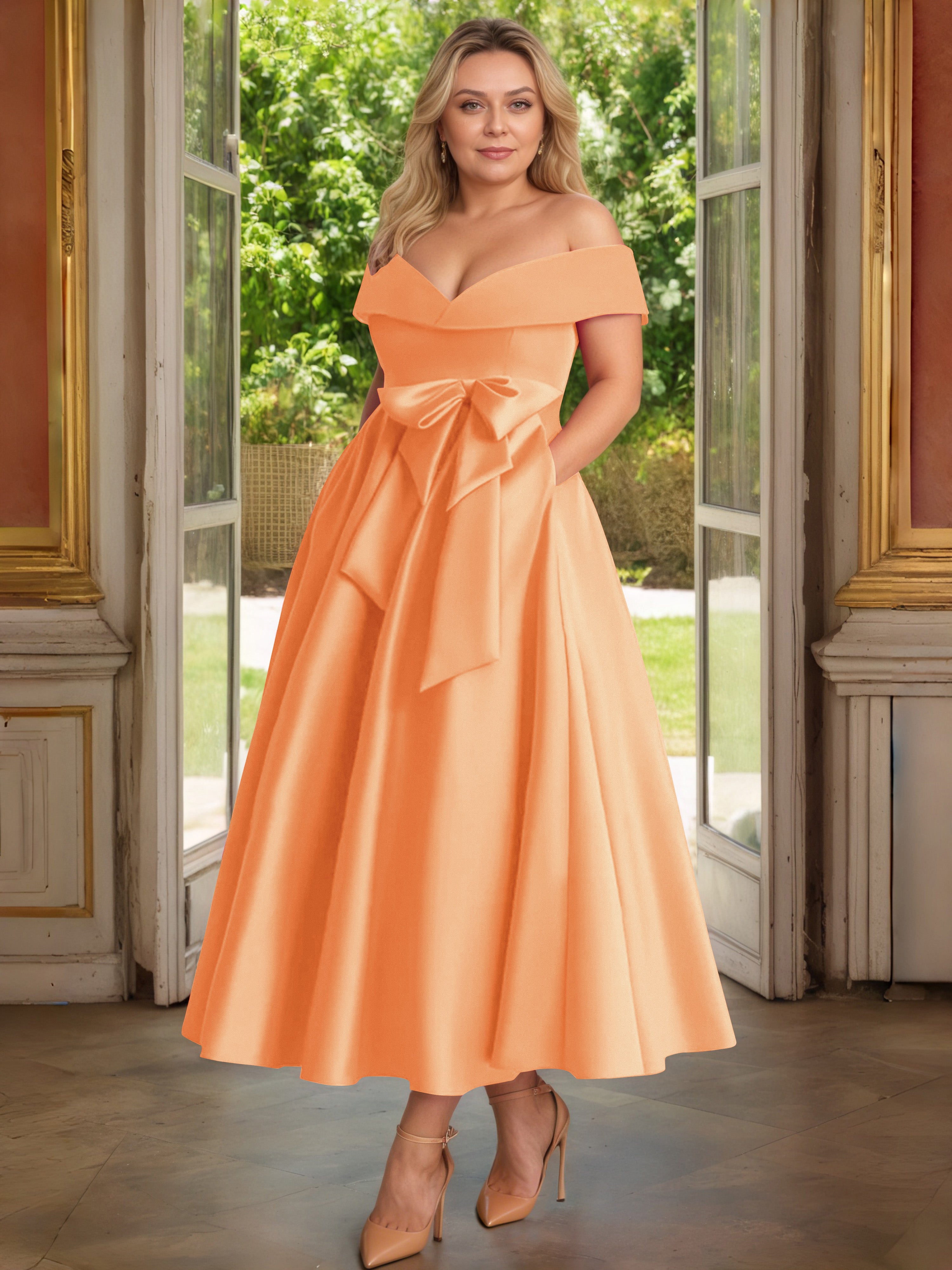 Cicinia Plus Size Orange Mother Of The Bride Dress With Bowknot Long Satin A-line Off The Shoulder Ankle Length