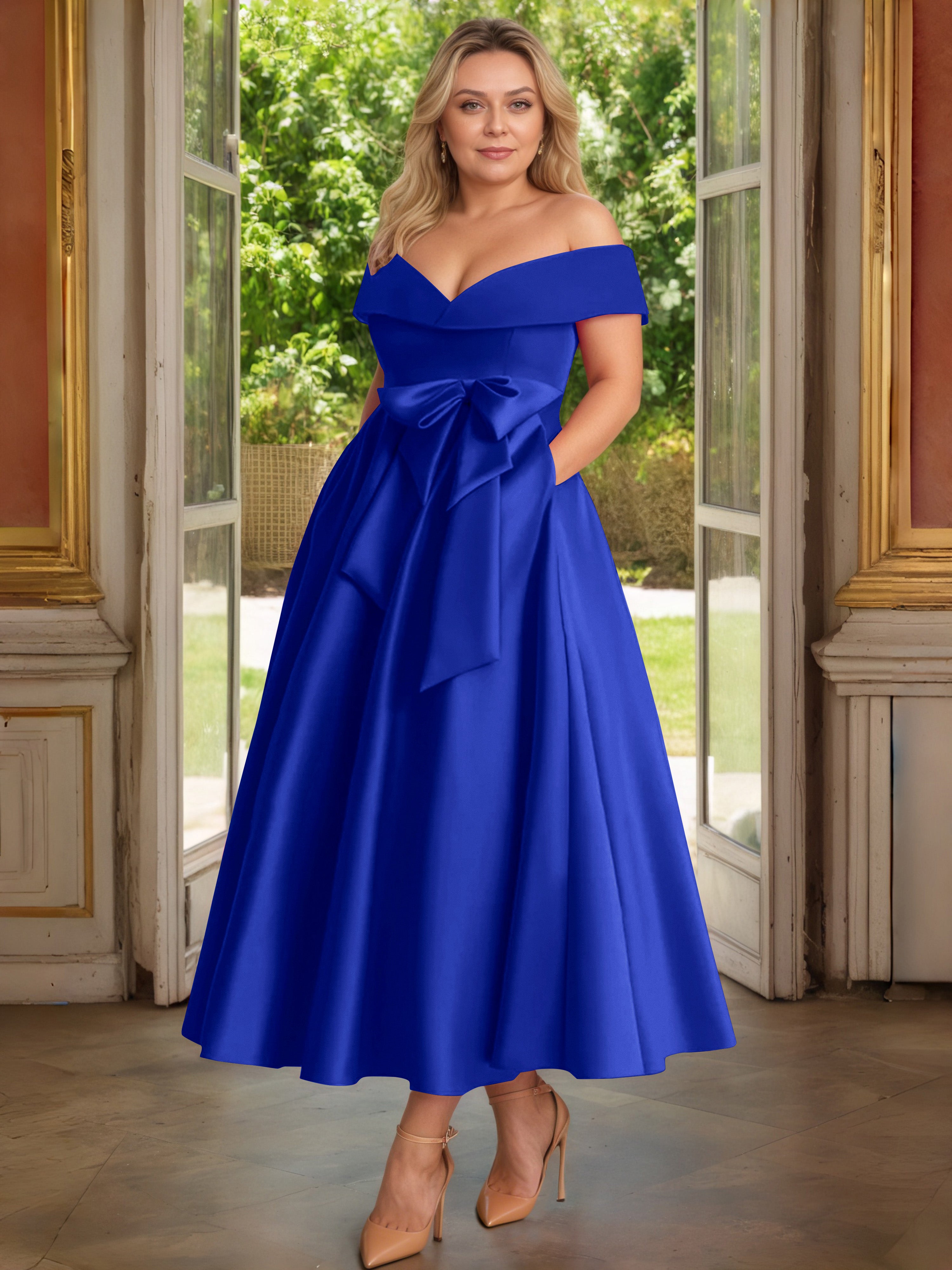 Cicinia Plus Size Royal Blue Mother Of The Bride Dress With Bowknot Long Satin A-line Off The Shoulder Ankle Length