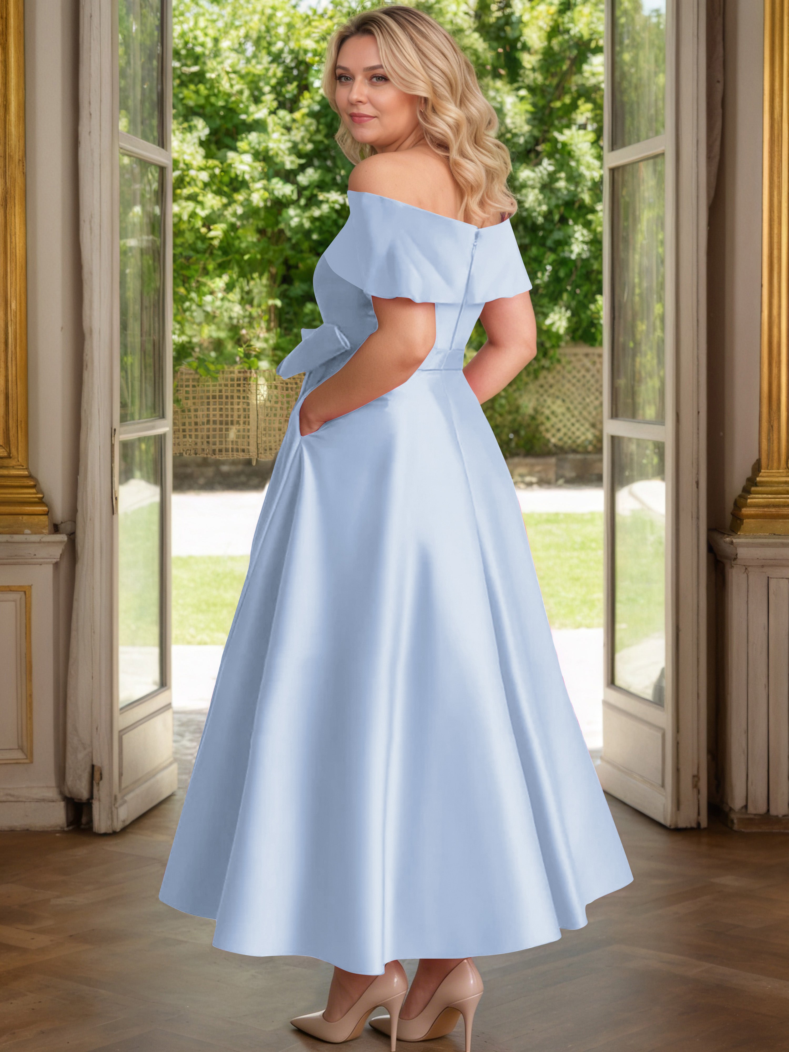 Cicinia Plus Size Sky Blue Mother Of The Bride Dress With Bowknot Long Satin A-line Off The Shoulder Ankle Length