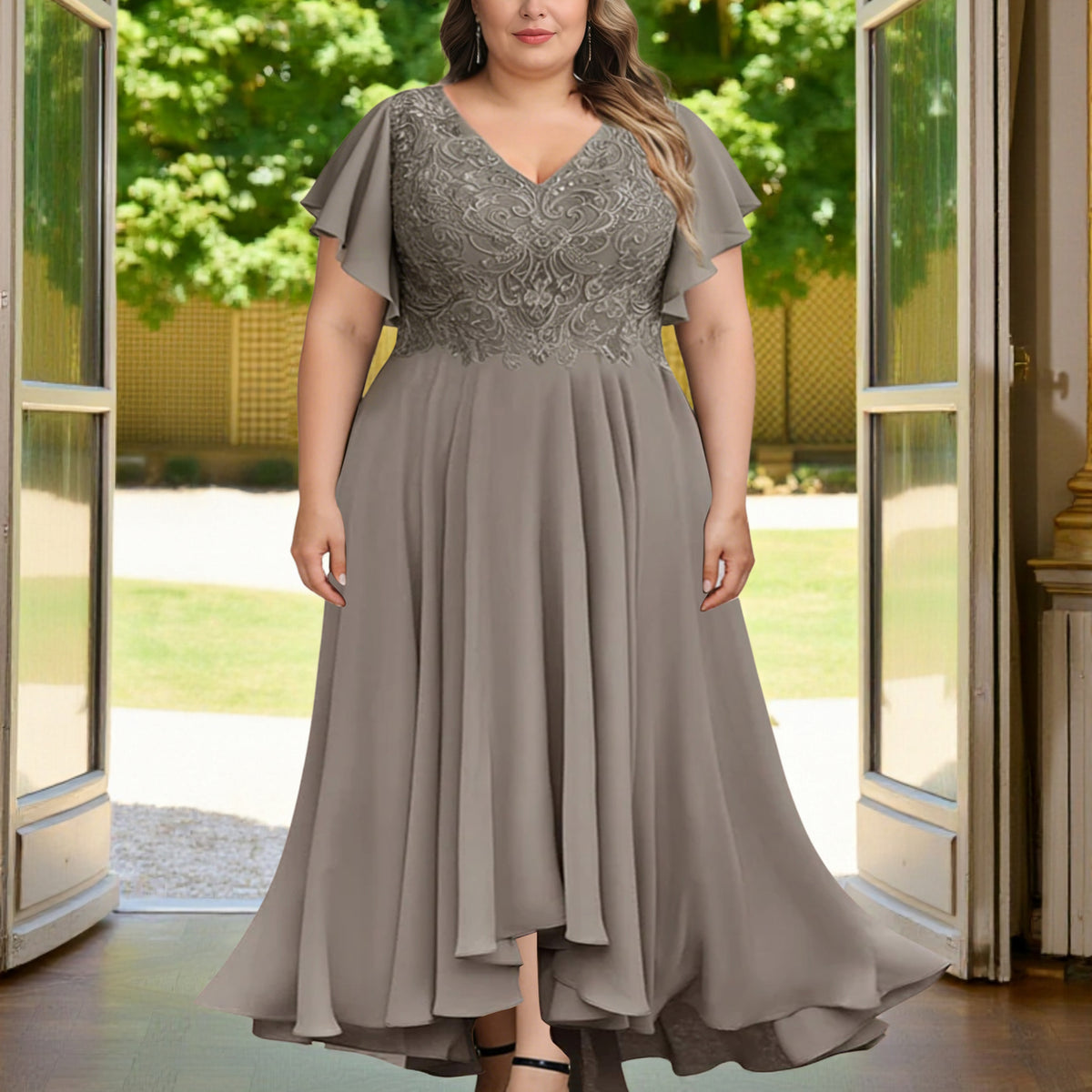 Cicinia Gray Mother Of The Bride Dress Plus Size Long Chiffon Lace A-line Flutter Sleeves