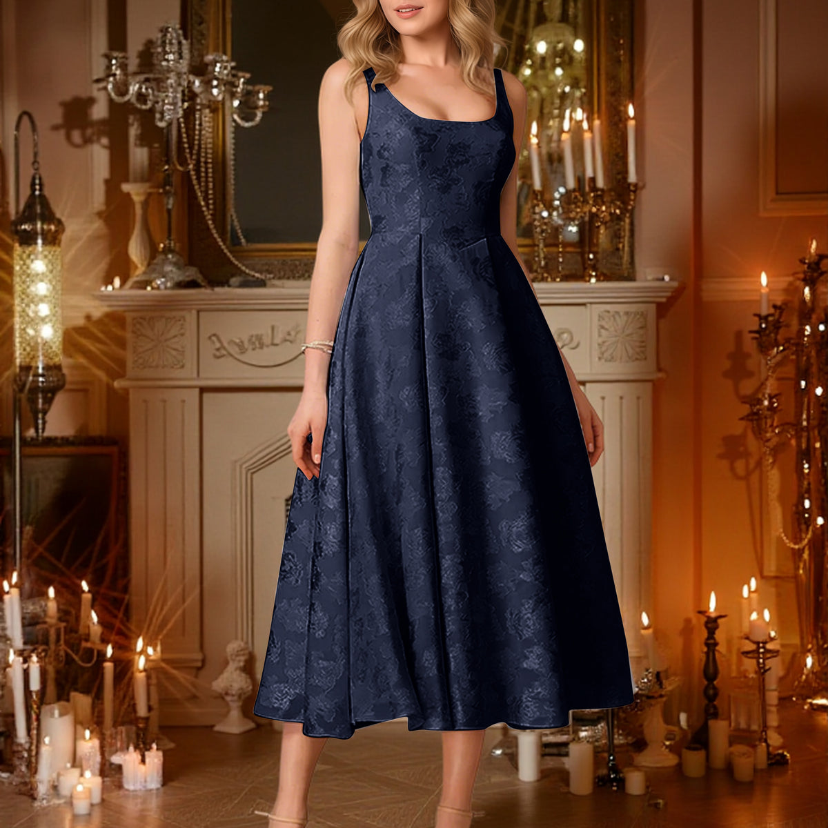 navy blue dresses for graduation Cicinia Dark Long Lace A-line Square Neckline Tea Length Sleeveless print:Lace Marine Officer Dress Women's Neck Back Design Lace Select Jacket & Vest Size:EU56/US46