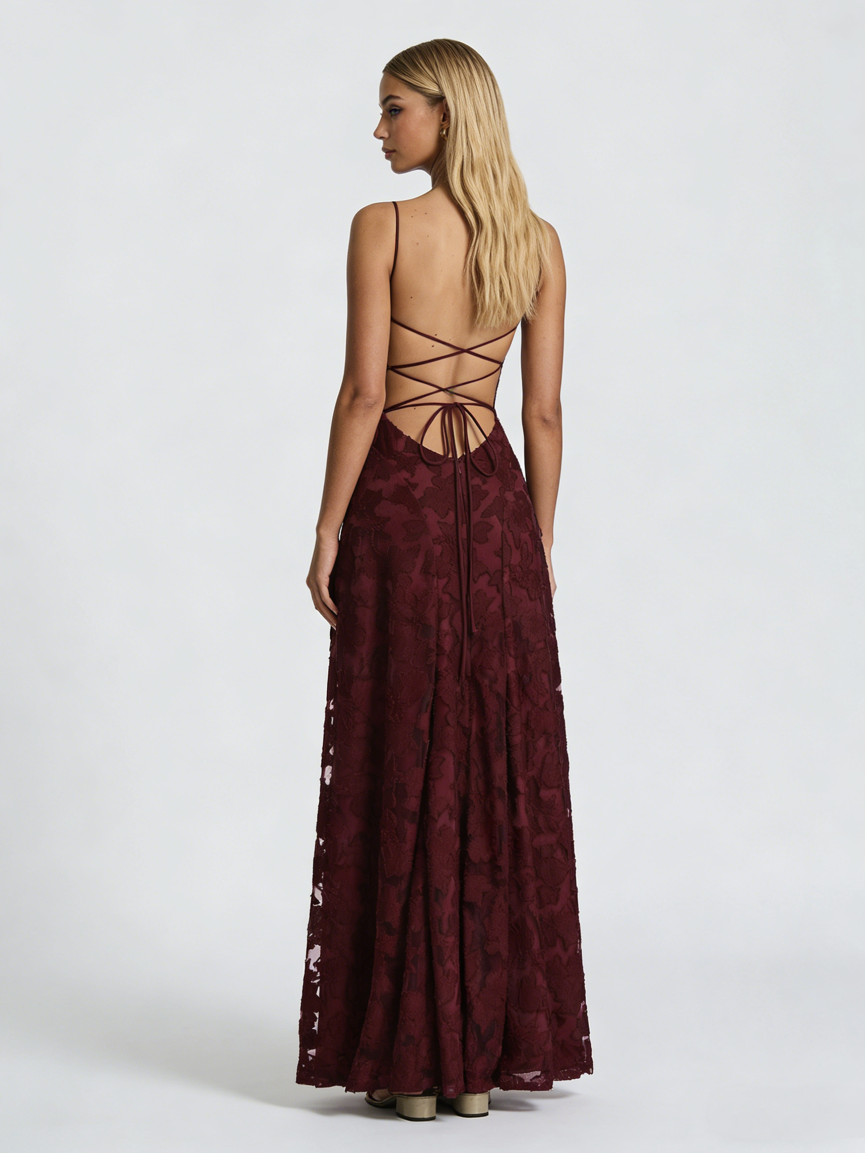 Cicinia Burgundy Prom Dresses Long Lace A-line Spaghetti Straps Backle