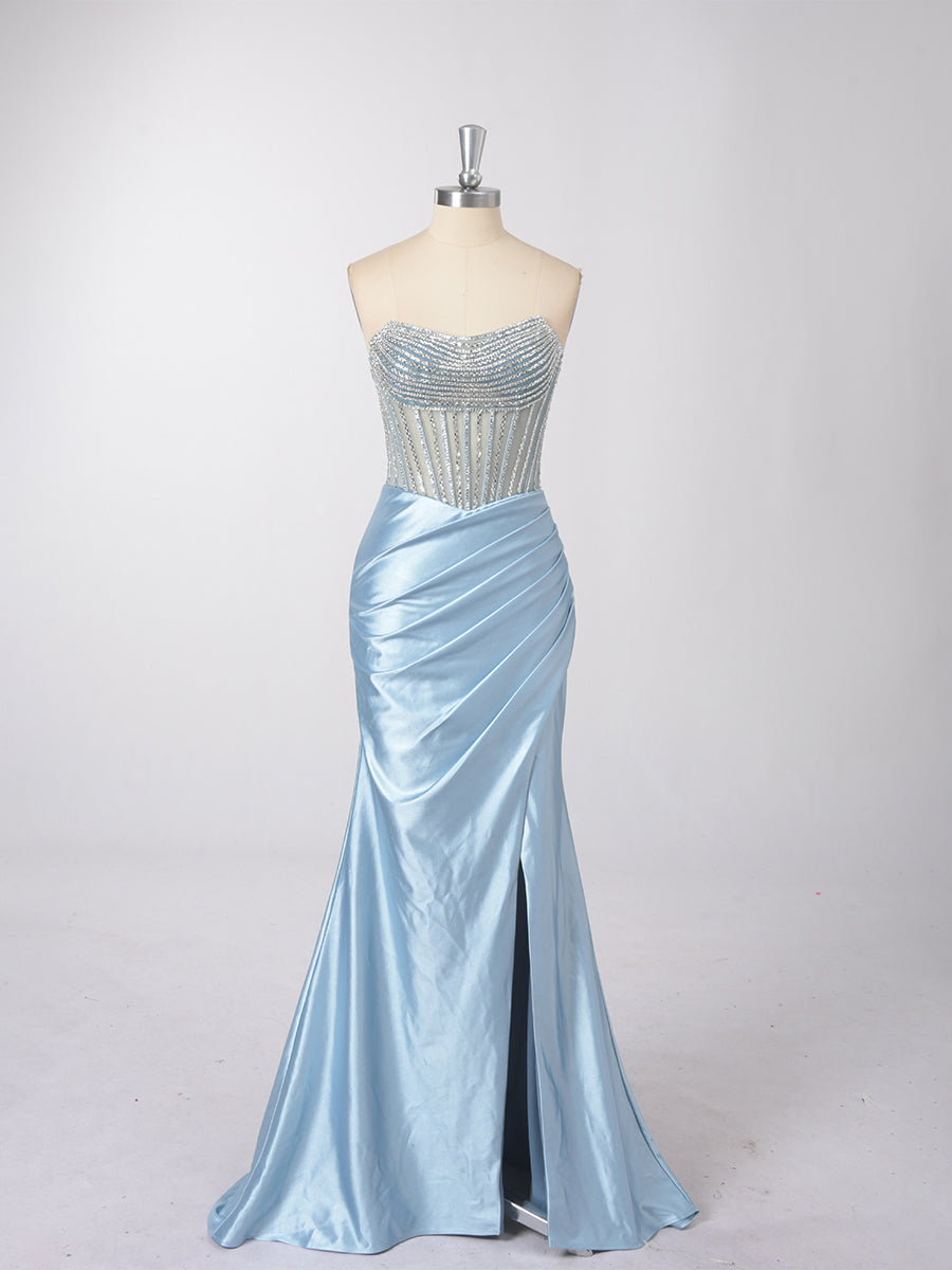 Cicinia Sky Blue Prom Dresses Online Long Stretch Satin Sheath Strapless Beaded Slit