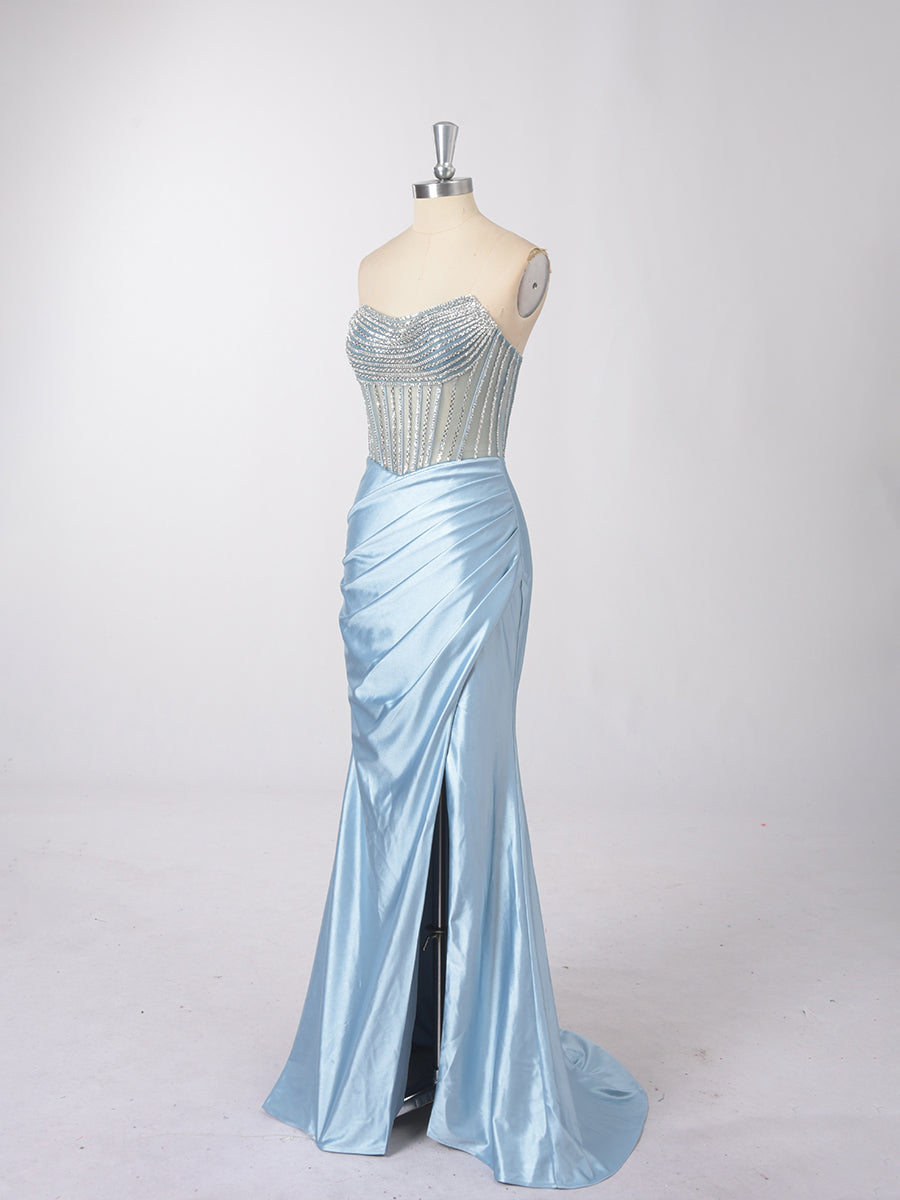 Cicinia Sky Blue Prom Dresses Online Long Stretch Satin Sheath Strapless Beaded Slit